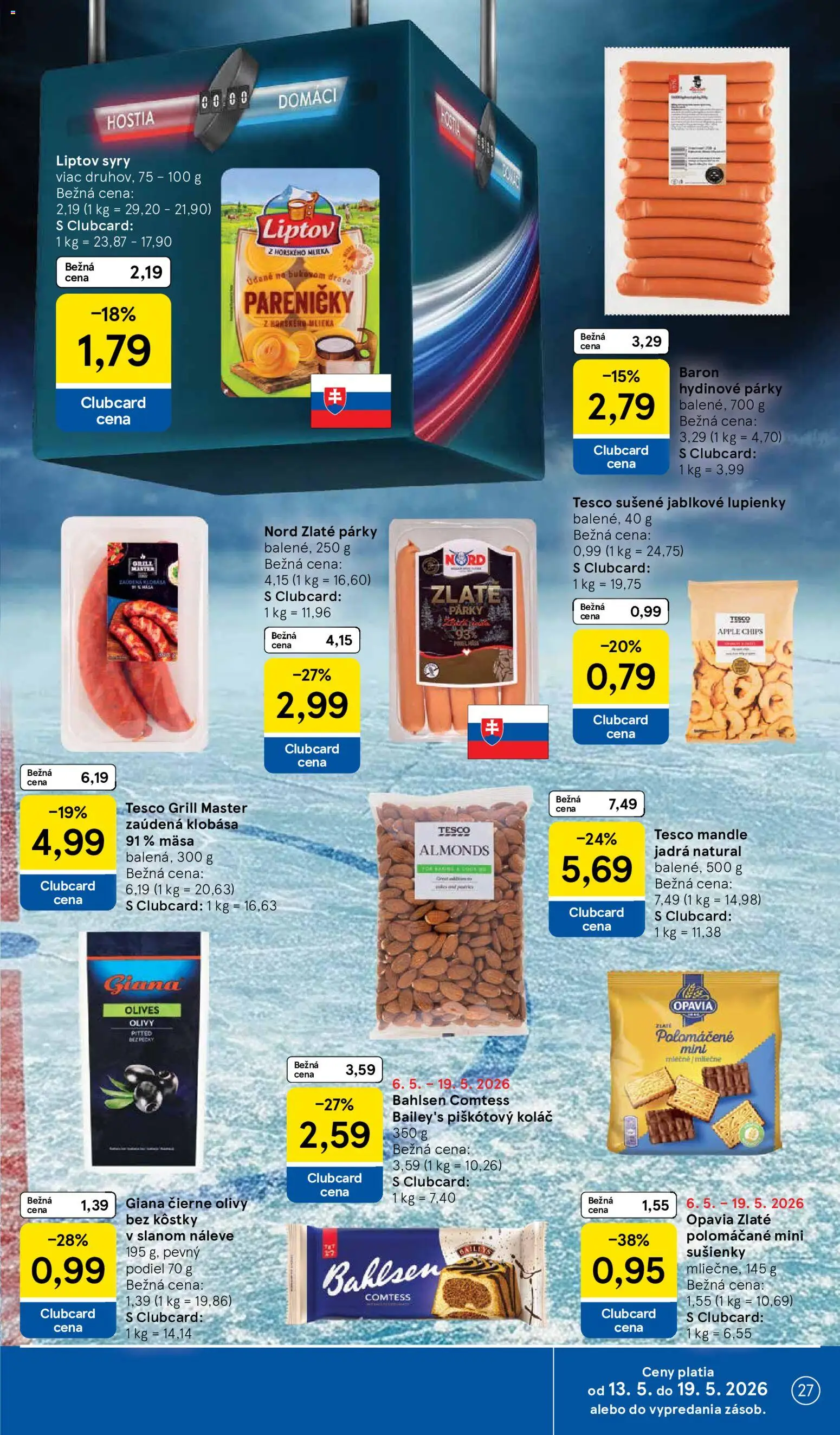 Nové Tesco akcie – leták je platný od 13.05.2026 | Strana: 27 | Produkty: Klobása, Párky, Mandle, Baileys