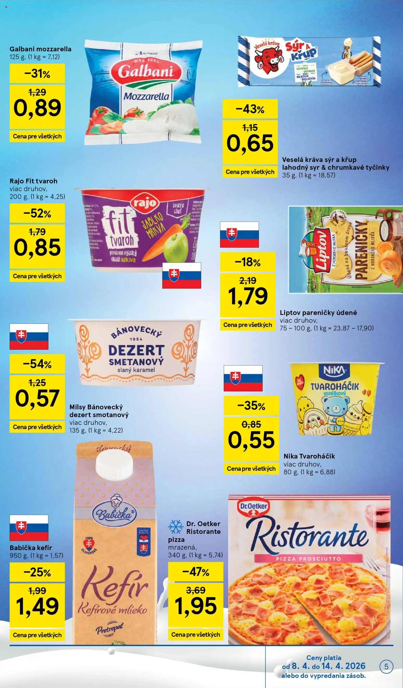 Nové Tesco akcie – leták je platný od 08.04.2026 | Strana: 5 | Produkty: Mlieko, Syr, Mozzarella, Tvaroh