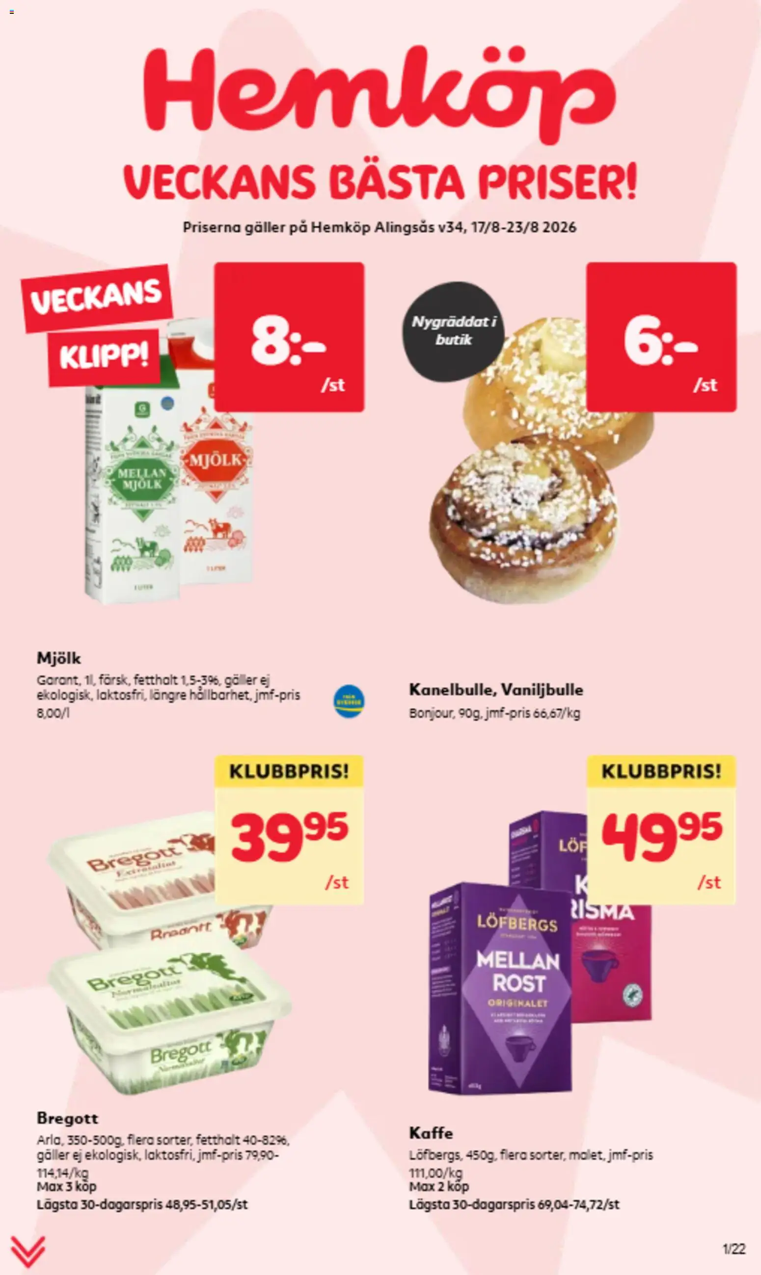 Hemköp reklamblad aktuell från 17/08/2026 | Sida: 1 | Produkter: Galler, Bregott, Mjölk, Kaffe