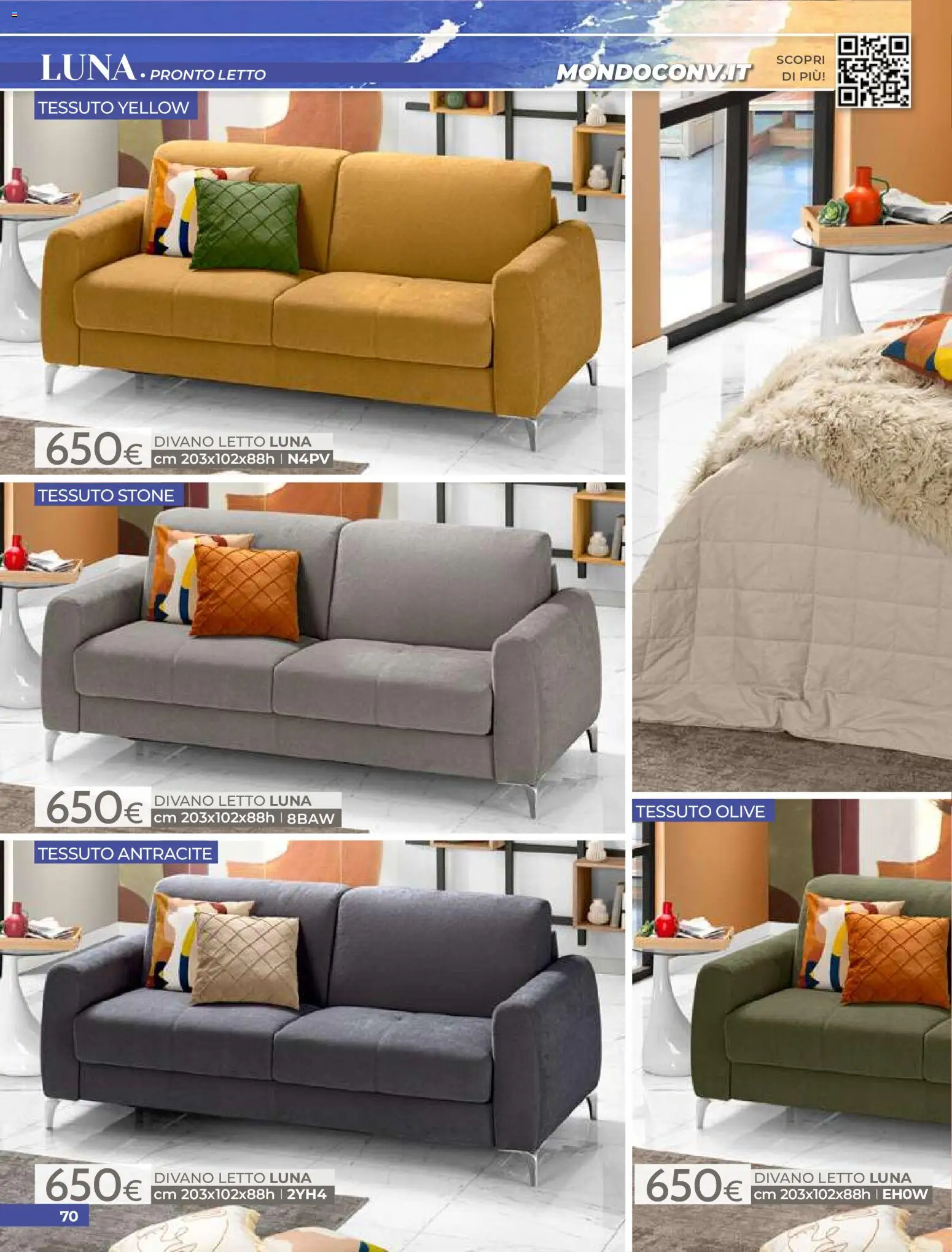 Volantino Mondo Convenienza del 01/07/2026 | Pagina: 72 | Prodotti: Divano letto, Olive, Letto, Divano