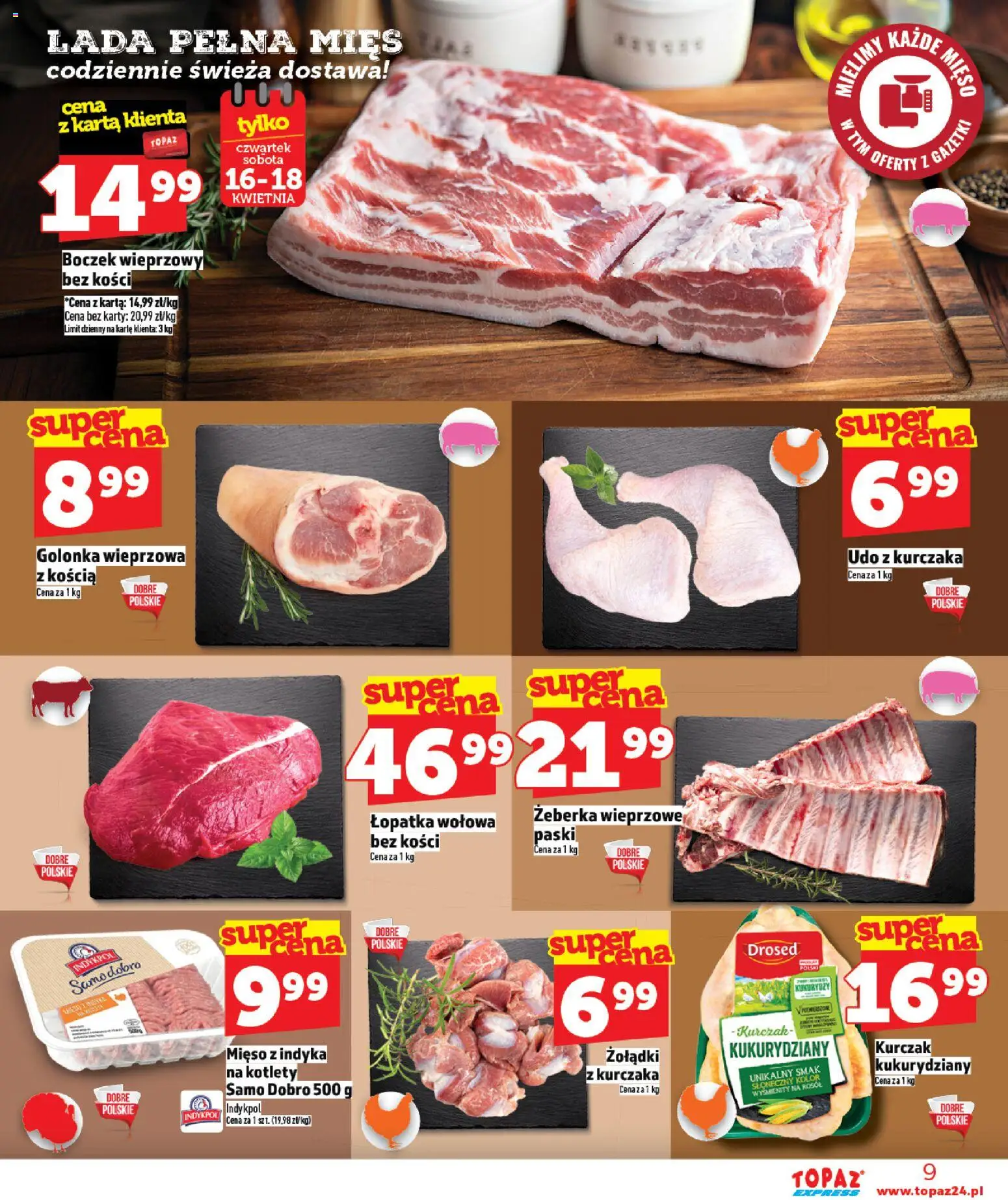 Topaz gazetka - Express od 16.04.2026 | Strona: 9 | Produkty: Karta, Kurczak, Boczek, Kotlety