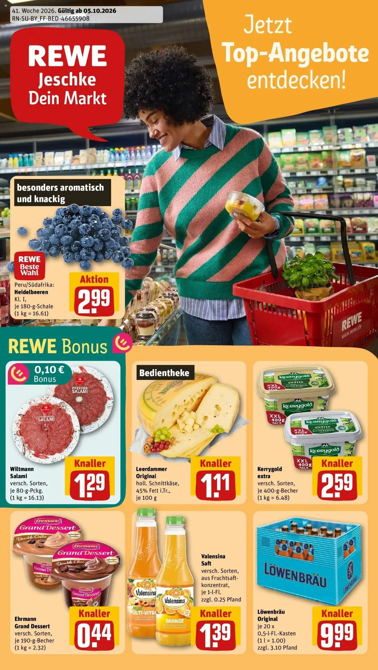 REWE Prospekt ab 05.10.2026 zum Blättern » Angebote | Seite: 1 | Produkte: Ehrmann grand dessert, Heidelbeeren, Saft, Fruchtsaft