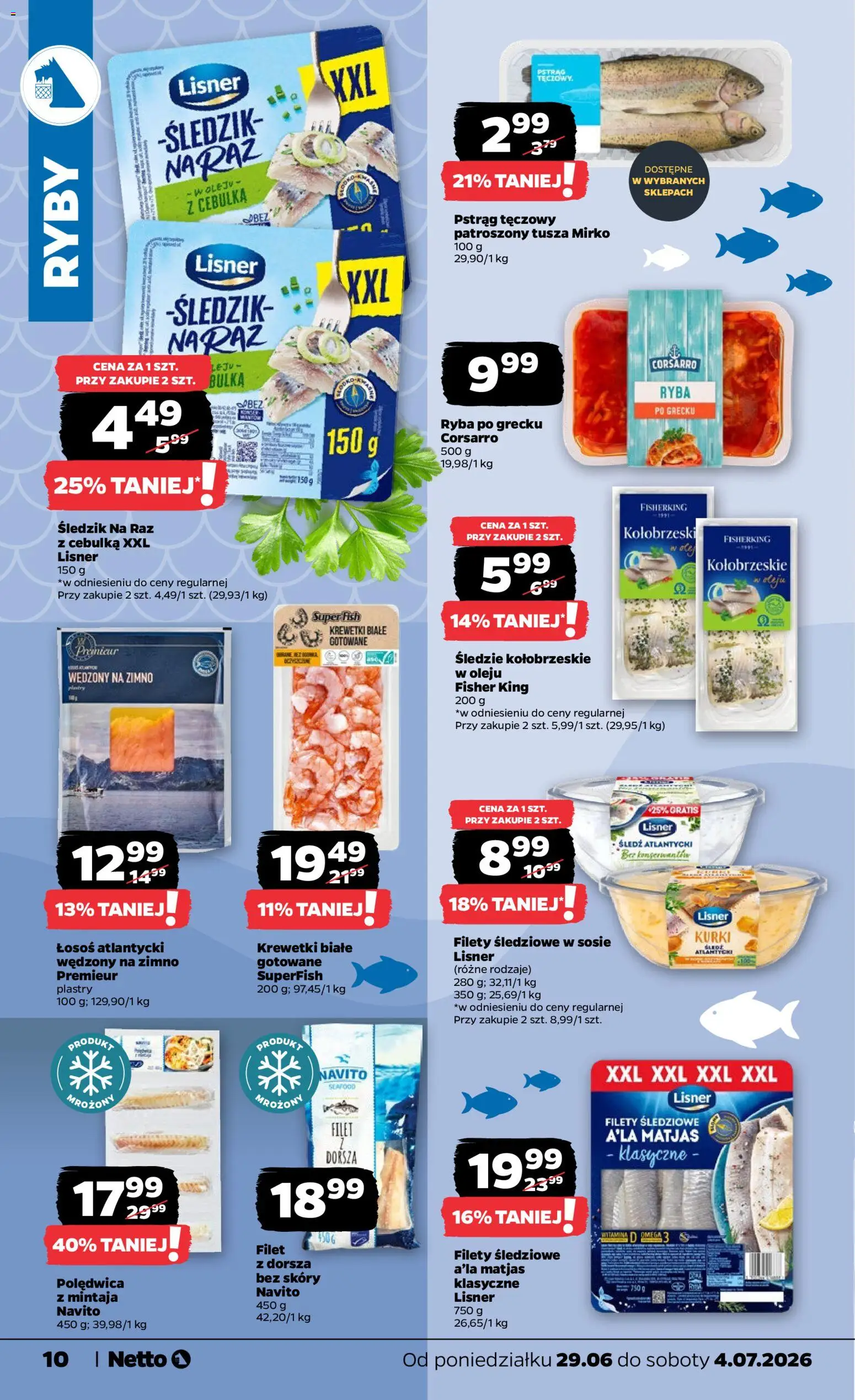 Netto gazetka od poniedziałku spożywcza od 29.06.2026 | Strona: 10 | Produkty: Pstrąg tęczowy, Śledź, Łosoś atlantycki, Krewetki