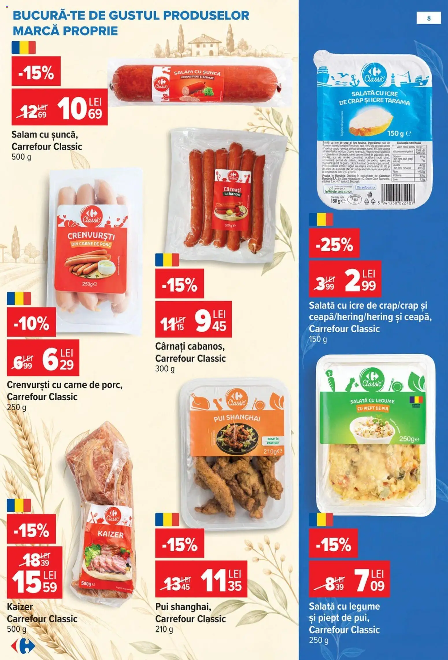 Noul catalog Carrefour – valabil de la 14.10.2026 | Pagină: 8 | Produse: Pui, Cabanos, Carne De Porc, Salată cu icre