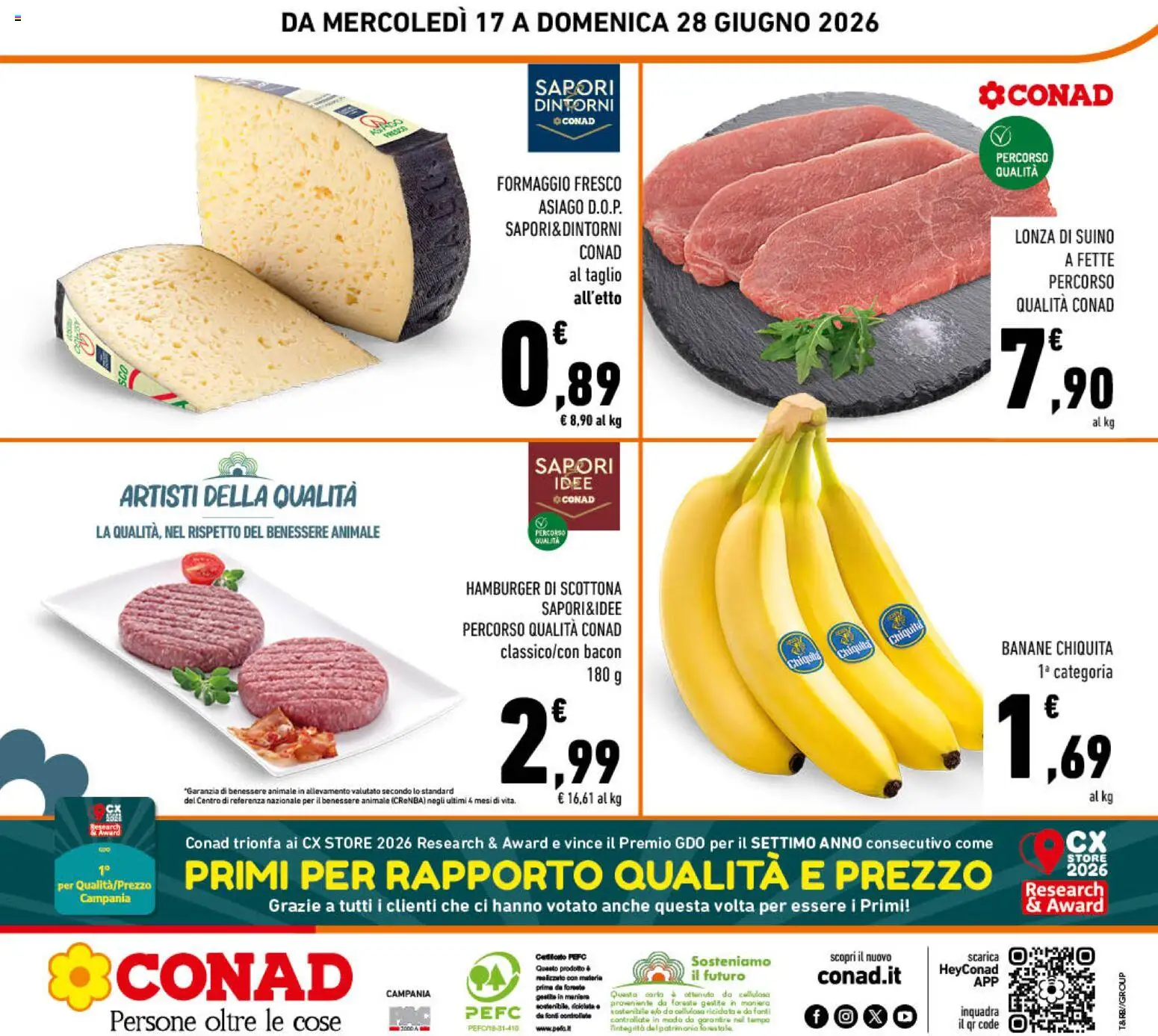 Volantino Conad del 17.06.2026 | Pagina: 24 | Prodotti: Banane, Suino, Formaggio, Hamburger