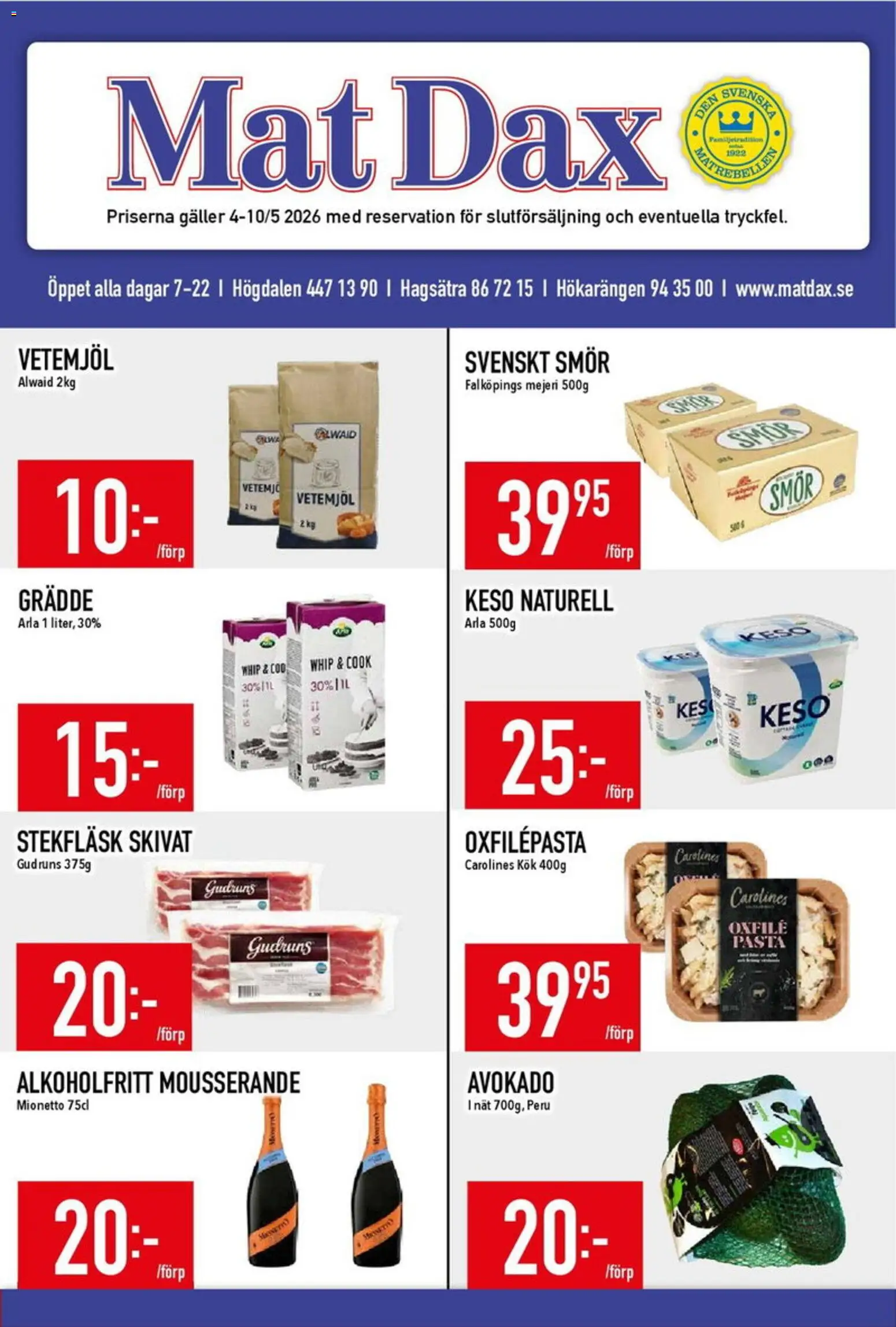 Matdax reklamblad aktuell från 04.05.2026 | Sida: 1 | Produkter: Smör, Oxfilé, Pasta, Keso