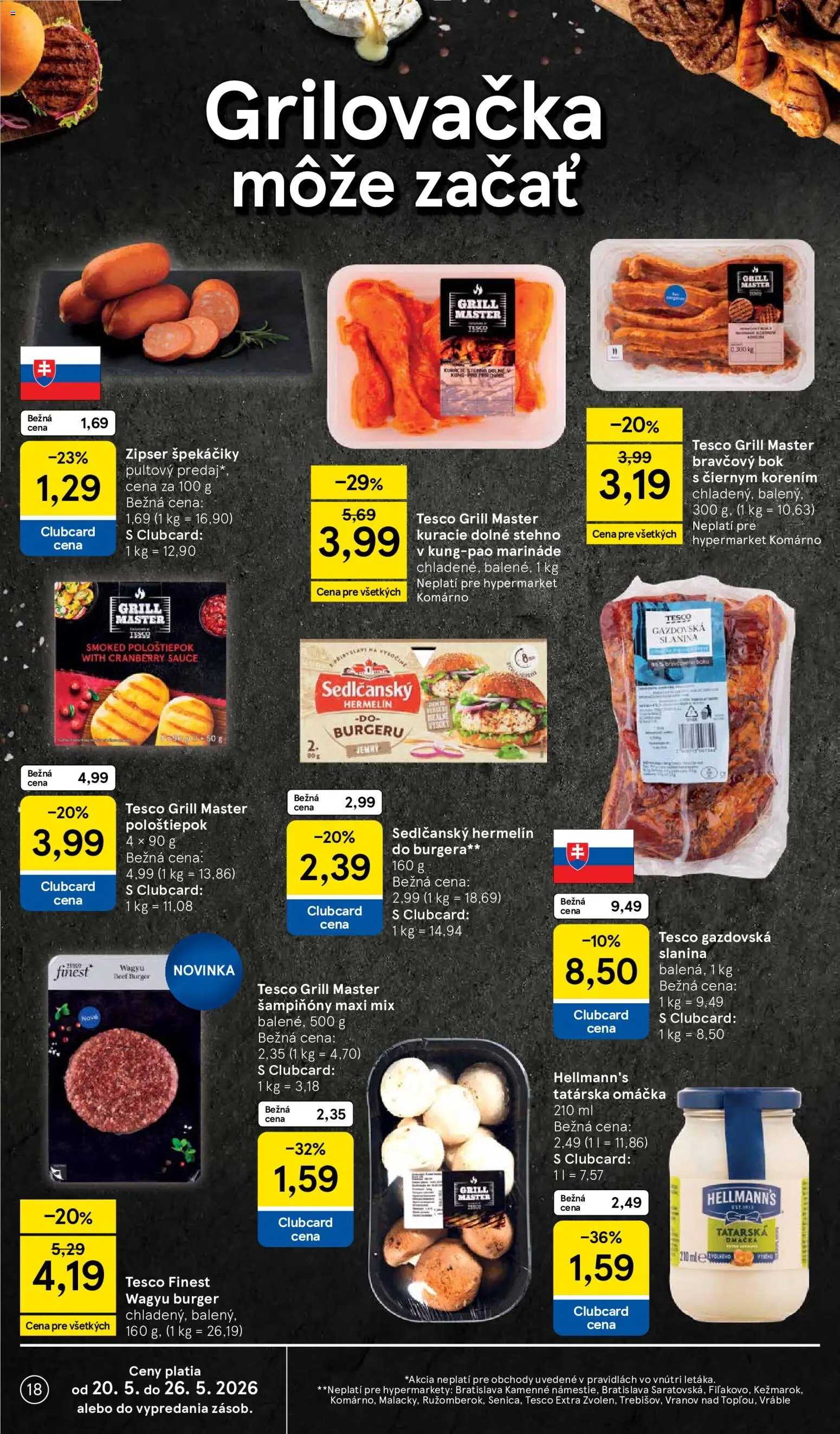 Nové Tesco akcie – leták je platný od 20.05.2026 | Strana: 18 | Produkty: Slanina, Tatárska omáčka, Omáčka
