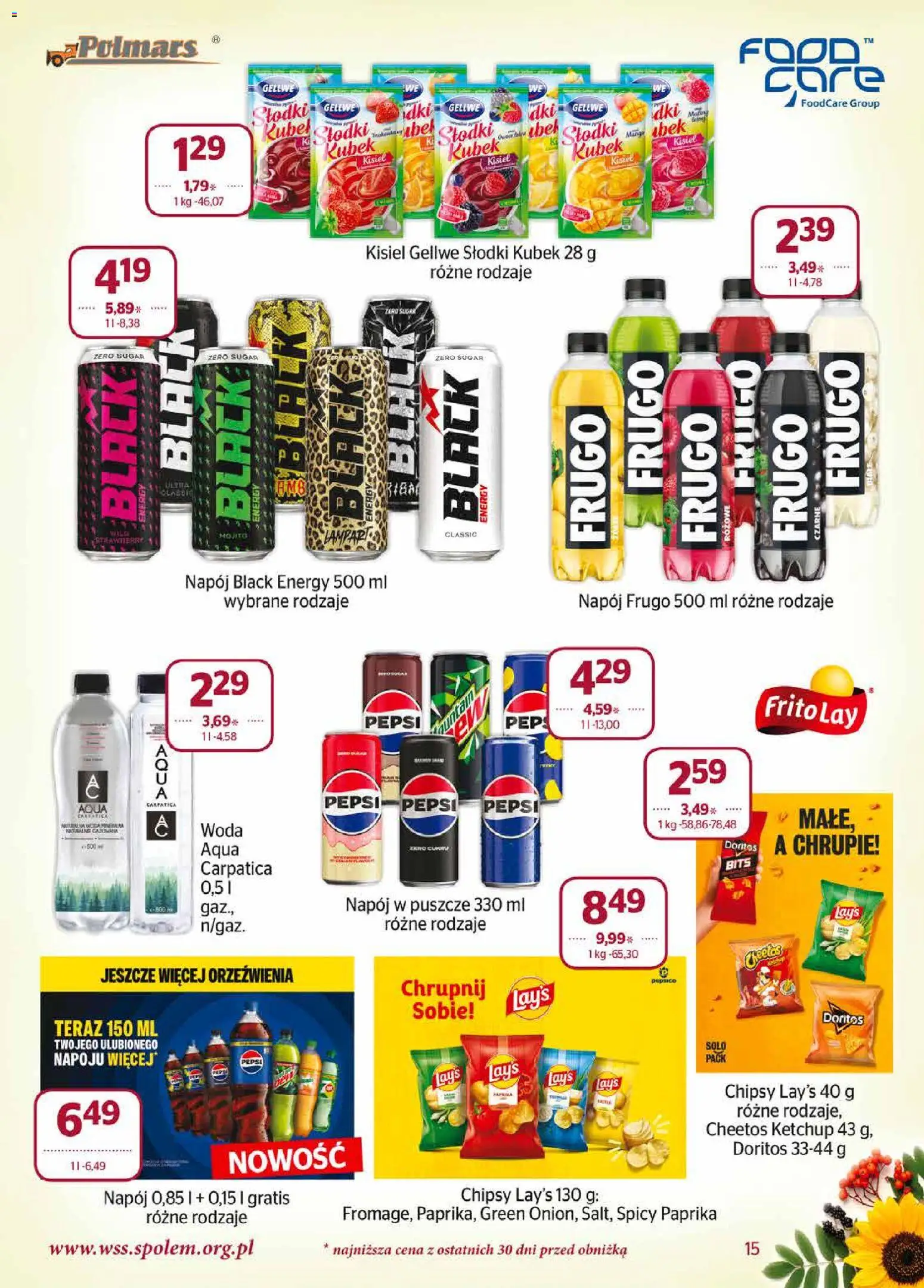 Społem gazetka od 01.09.2026 | Strona: 15 | Produkty: Chipsy, Pepsi, Doritos, Woda