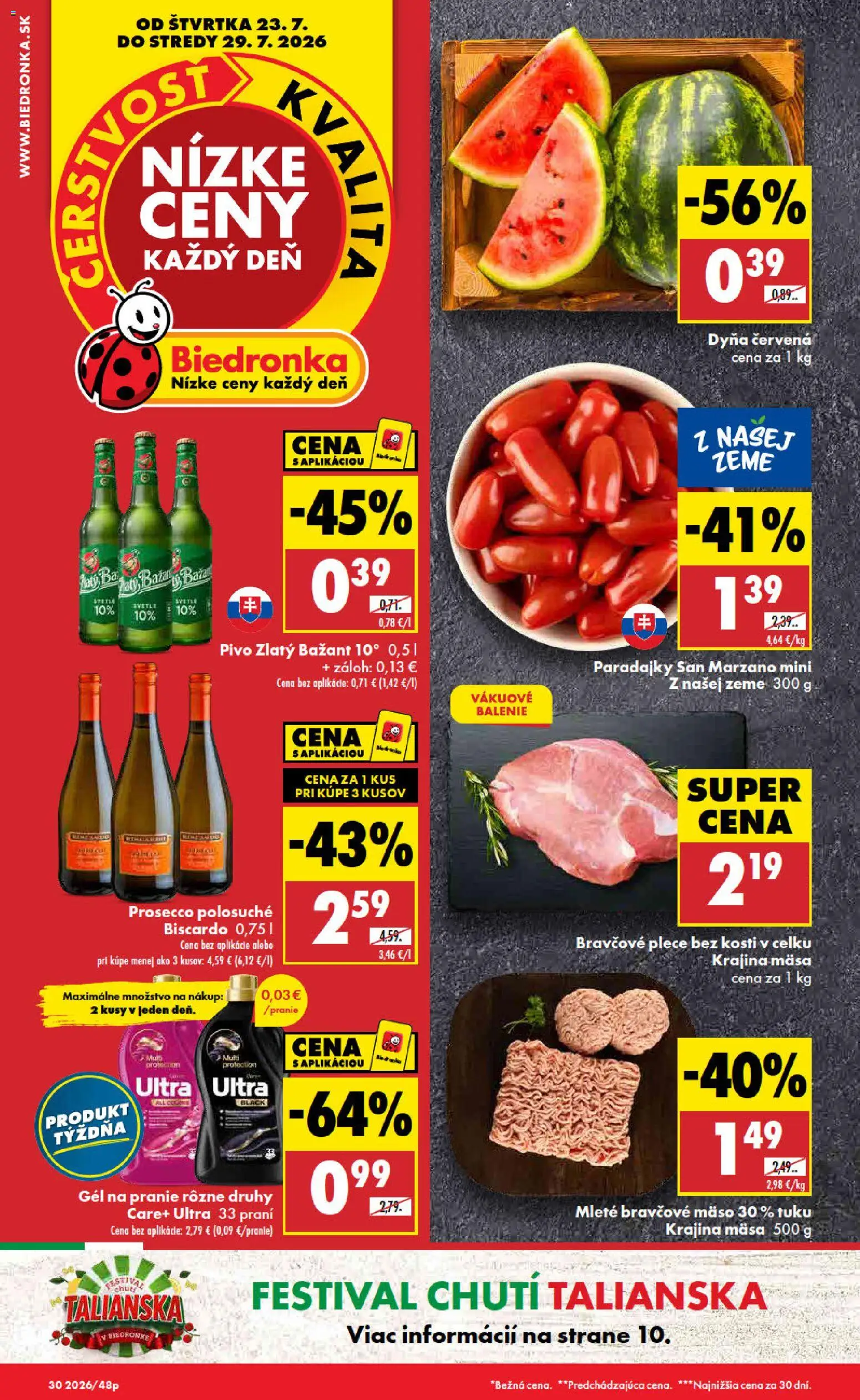 Nové Biedronka akcie – leták je platný od 23.07.2026 | Strana: 1 | Produkty: Pivo, Bravčové plece, Zlatý Bažant, Bravčové mäso