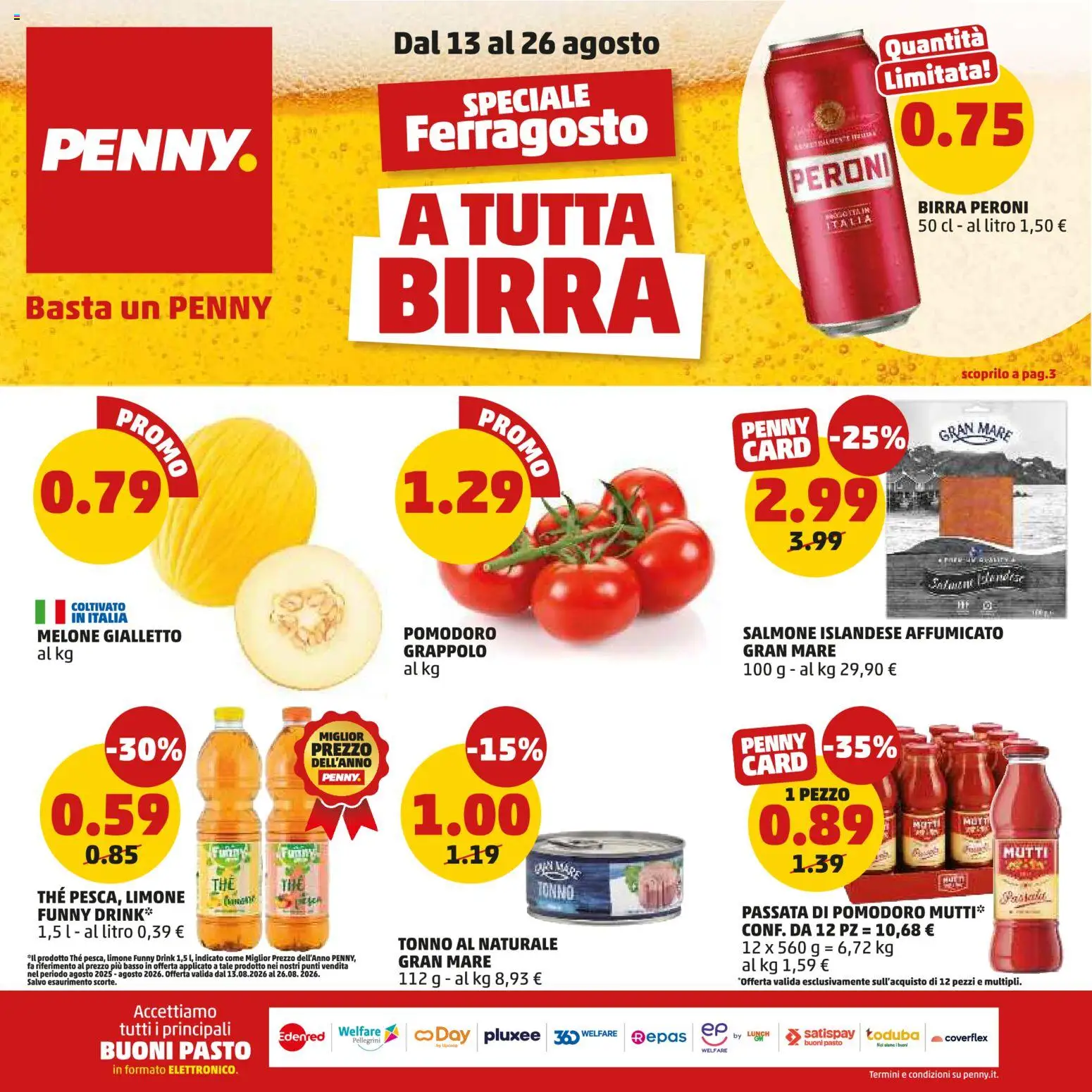 Volantino PENNY del 13/08/2026 | Pagina: 1 | Prodotti: Birra, Pomodoro, The, Mutti passata