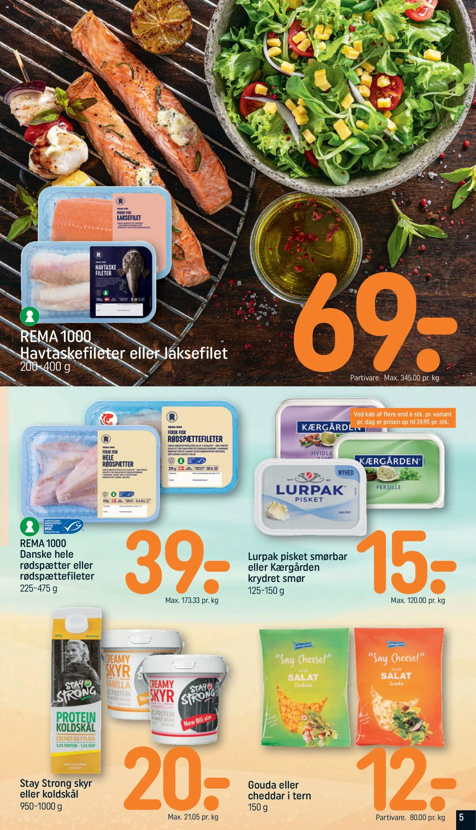 Rema 1000 tilbudsavis – gyldig fra 12/07/2026 | Side: 5 | Produkter: Cheddar, Skyr, Fisk, Salat