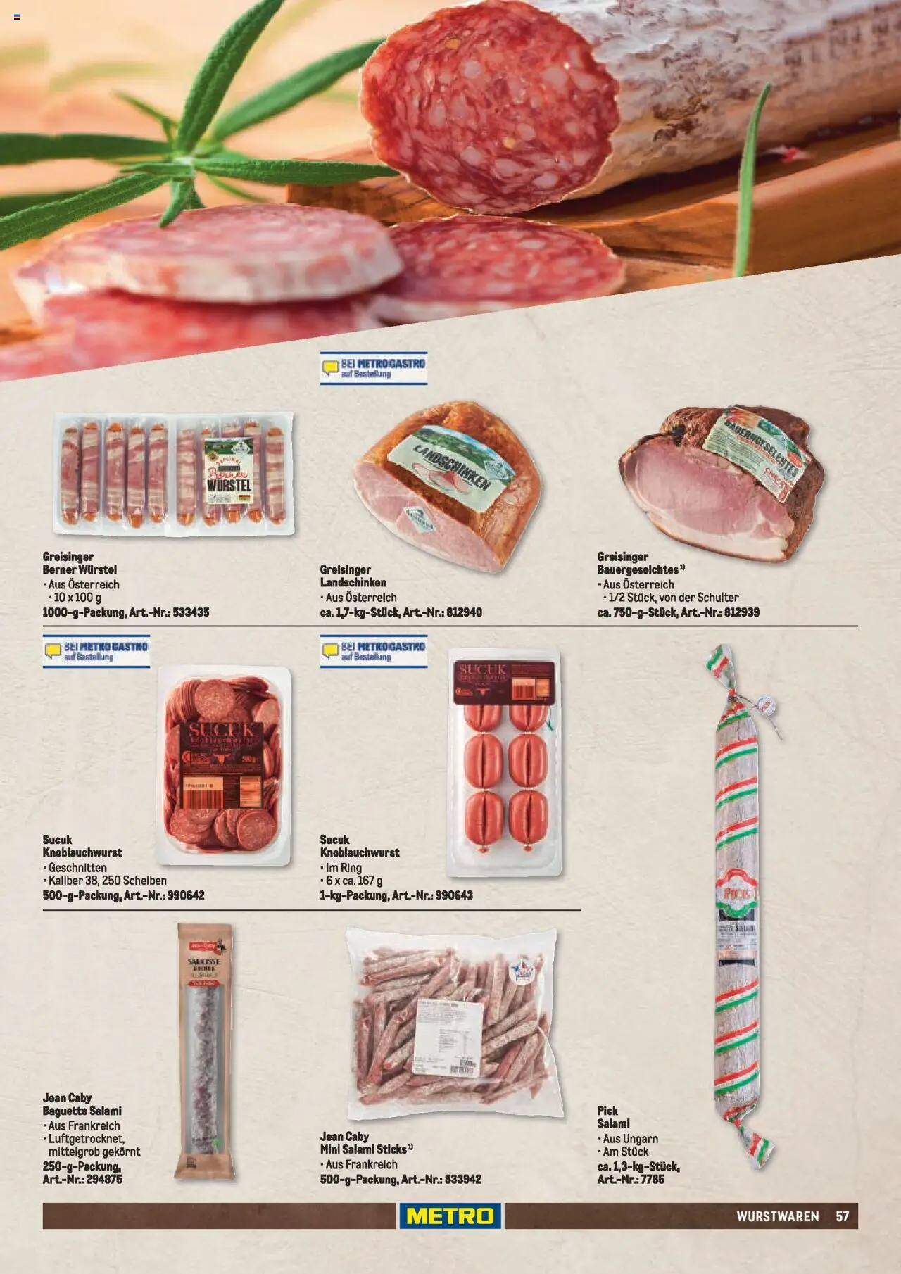 Metro  Fleischsortiment – gültig ab 01.05.2025 | Seite: 57 | Produkte: Baguette, Schulter, Salami