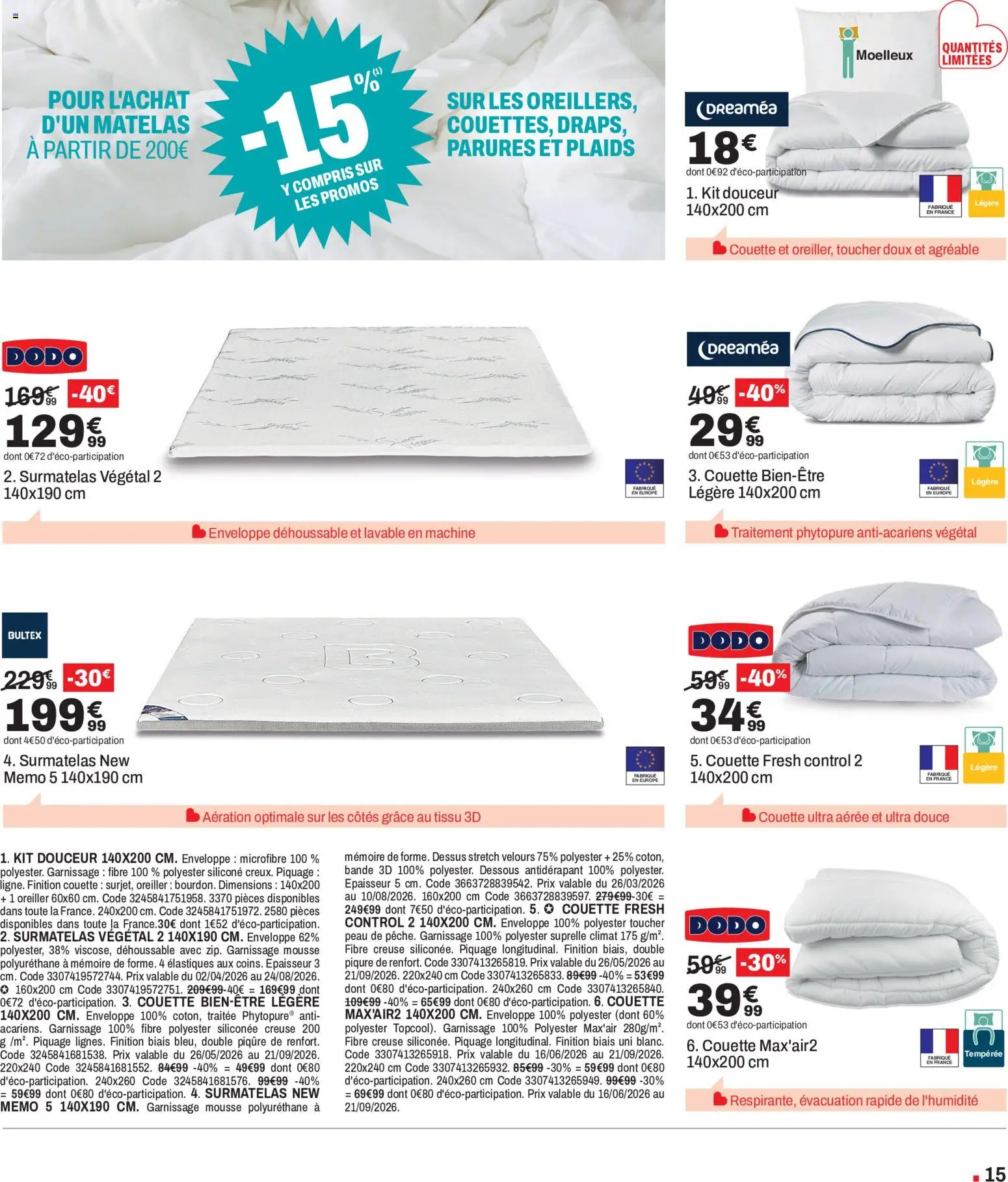 {H1} | Page: 15 | Produits: Surmatelas, Enveloppe, Matelas, Couette