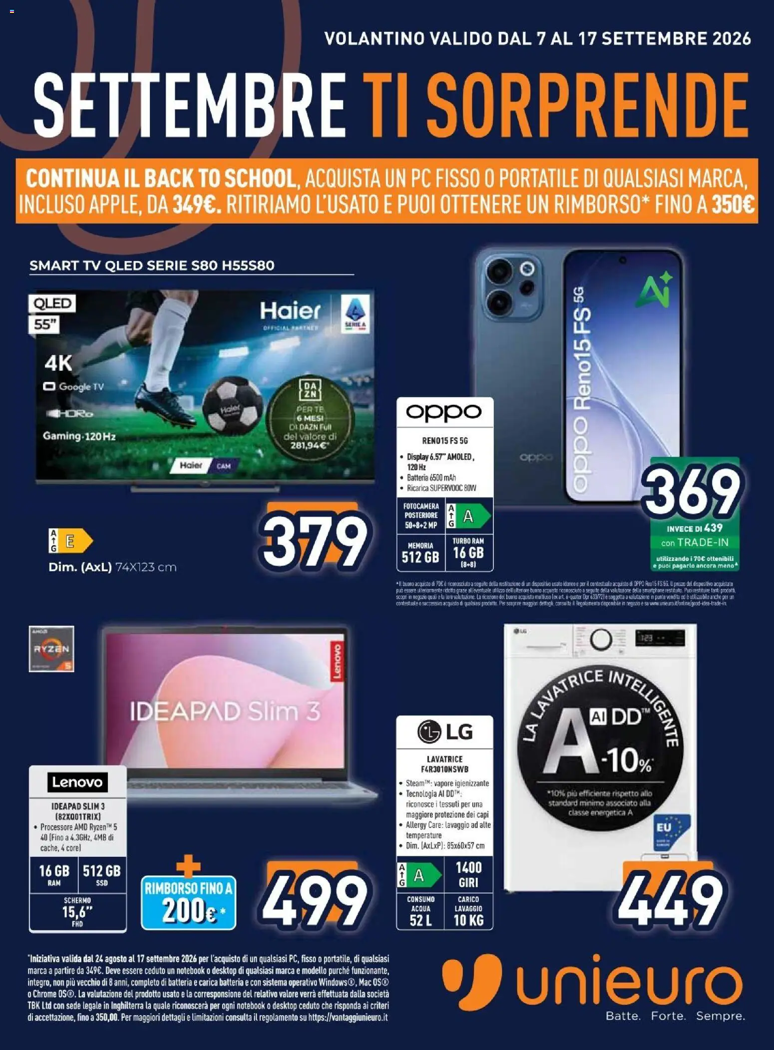 Volantino Unieuro del 07/09/2026 | Pagina: 1 | Prodotti: Notebook, Tè, smart TV, Fotocamera