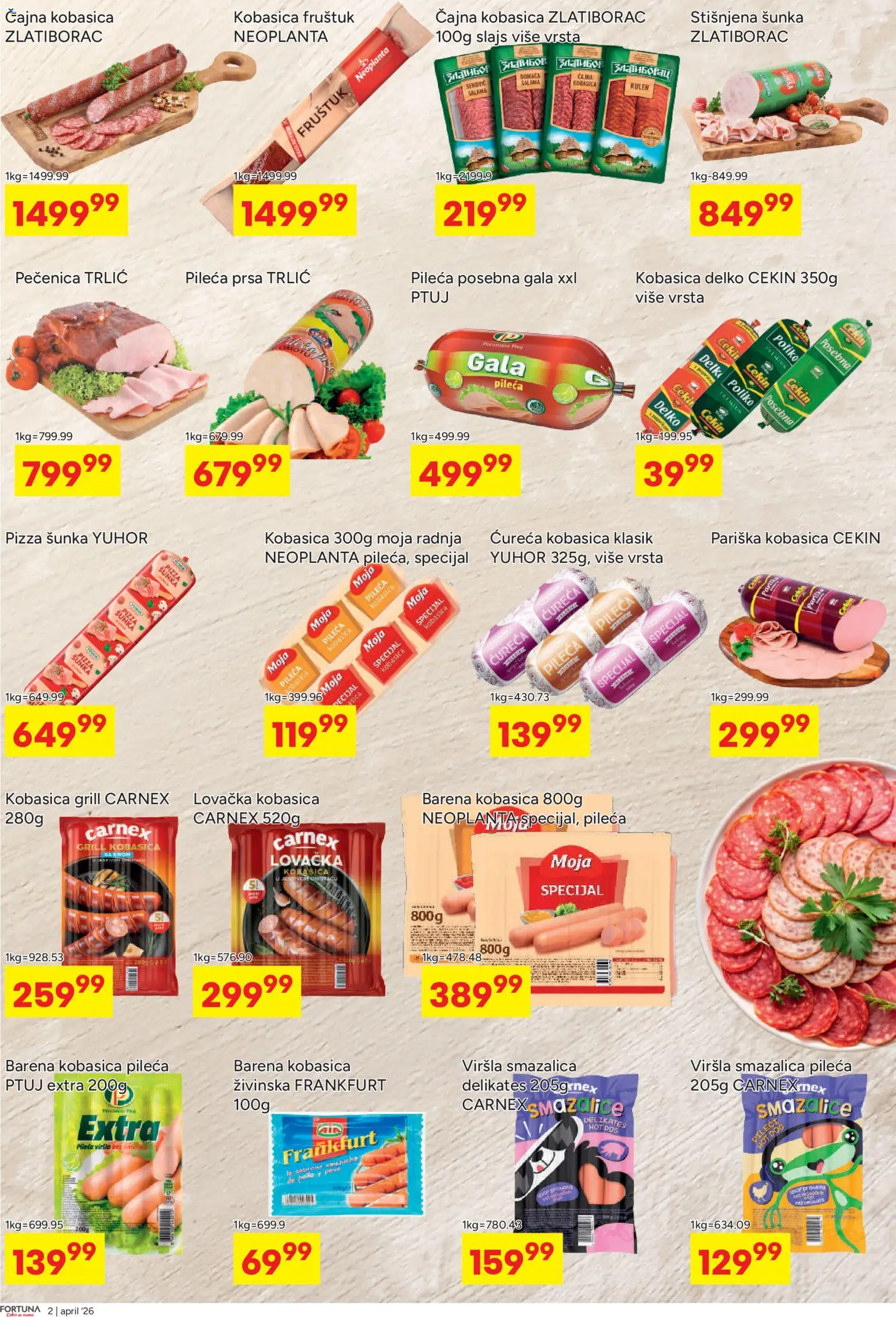 Fortuna Market katalog - važi od 13.04.2026 | Strana: 2 | Proizvode: Pileća prsa, Kulen, Kobasica, Pečenica
