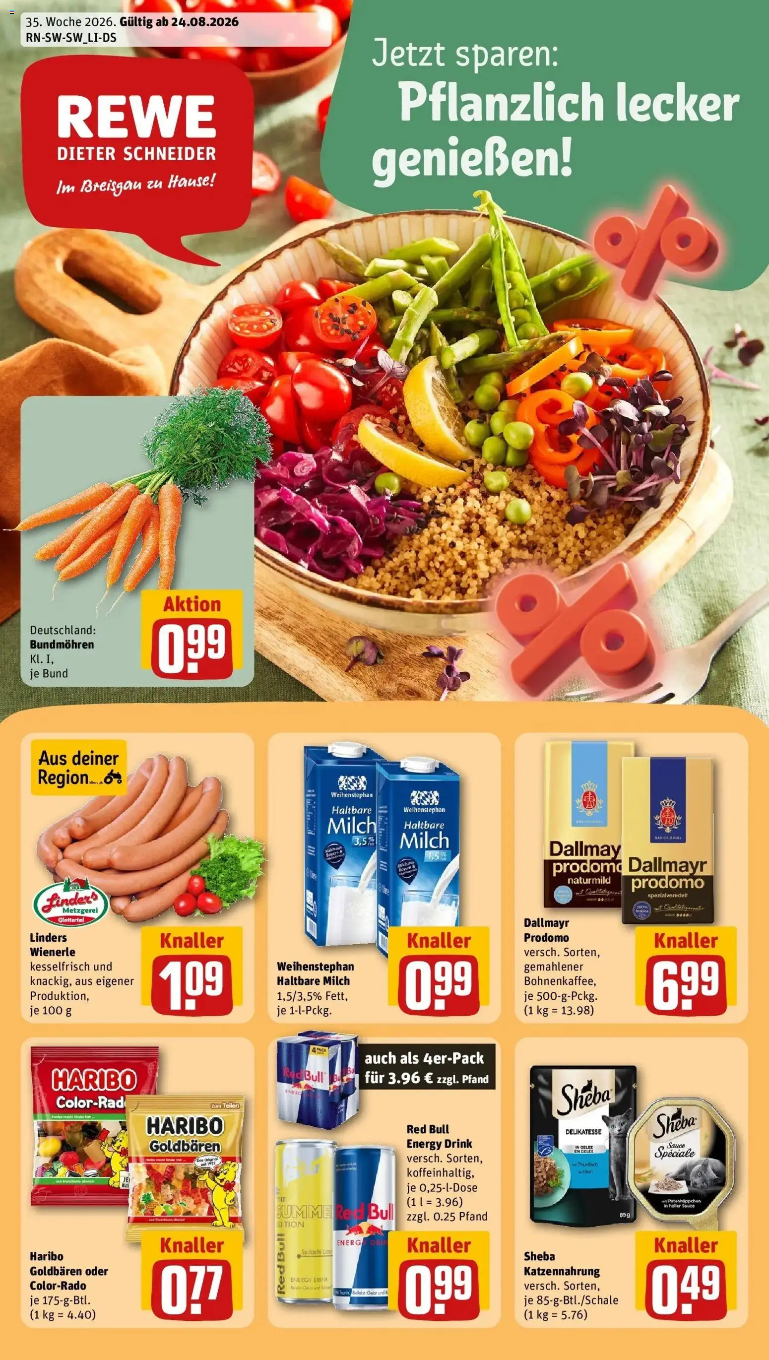 REWE Prospekt ab 24.08.2026 zum Blättern » Angebote | Seite: 1 | Produkte: Red bull, Milch, Energy, Dallmayr