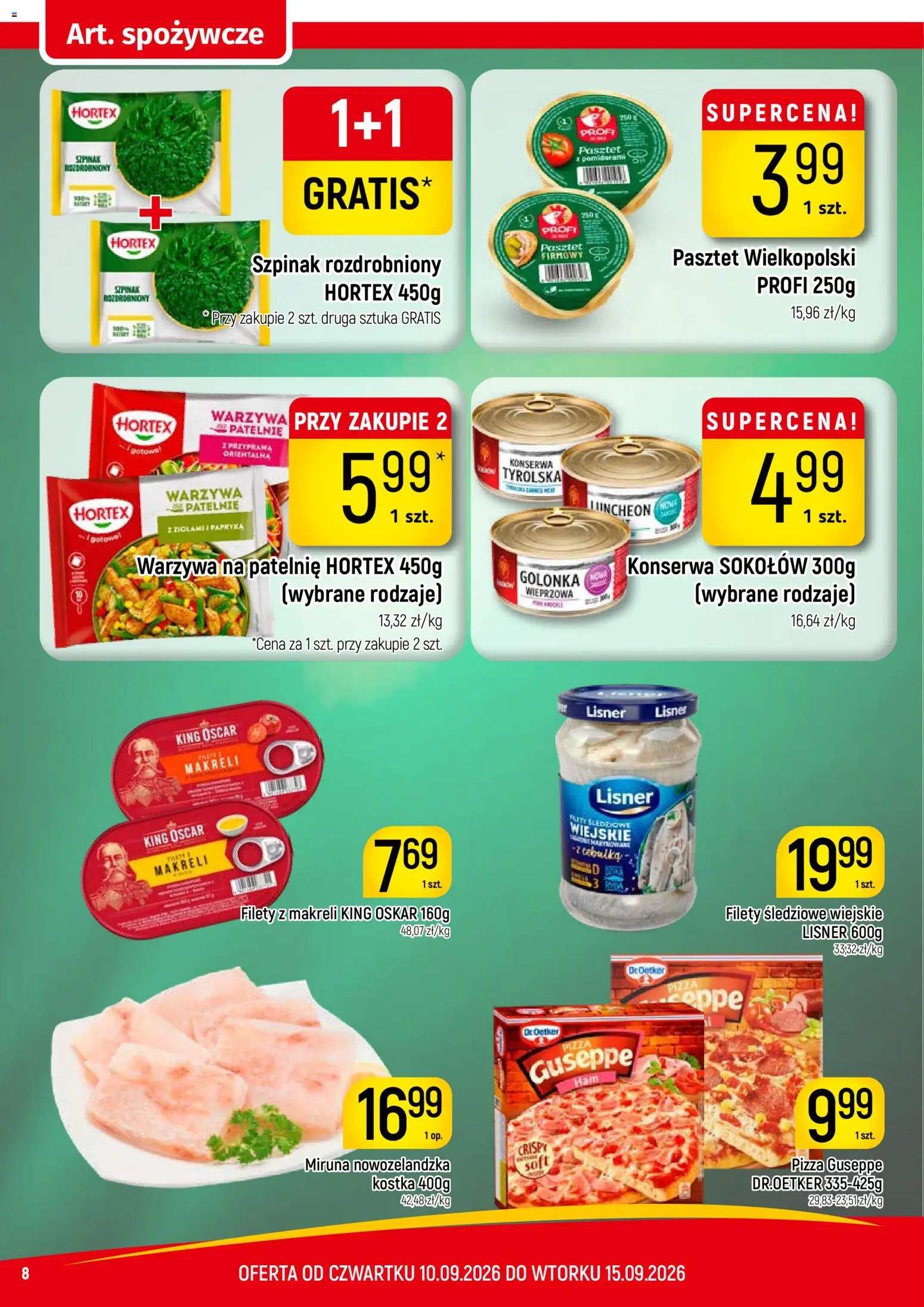 Piotruś Pan gazetka od 10.09.2026 | Strona: 8 | Produkty: Miruna, Pizza guseppe, Warzywa na patelnie, Patelnie