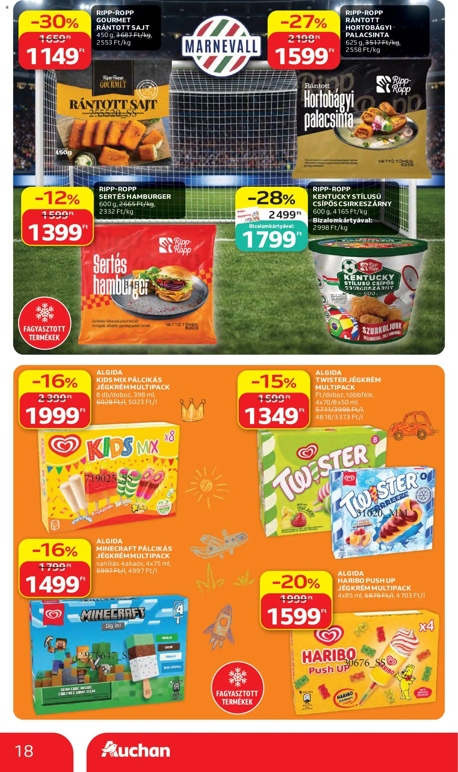 Auchan akciós ujság - amely érvényes a következő dátumtól: 28.05.2026 | Oldal: 18 | Termékek: Hamburger, Rántott sajt, Sajt, Jégkrém