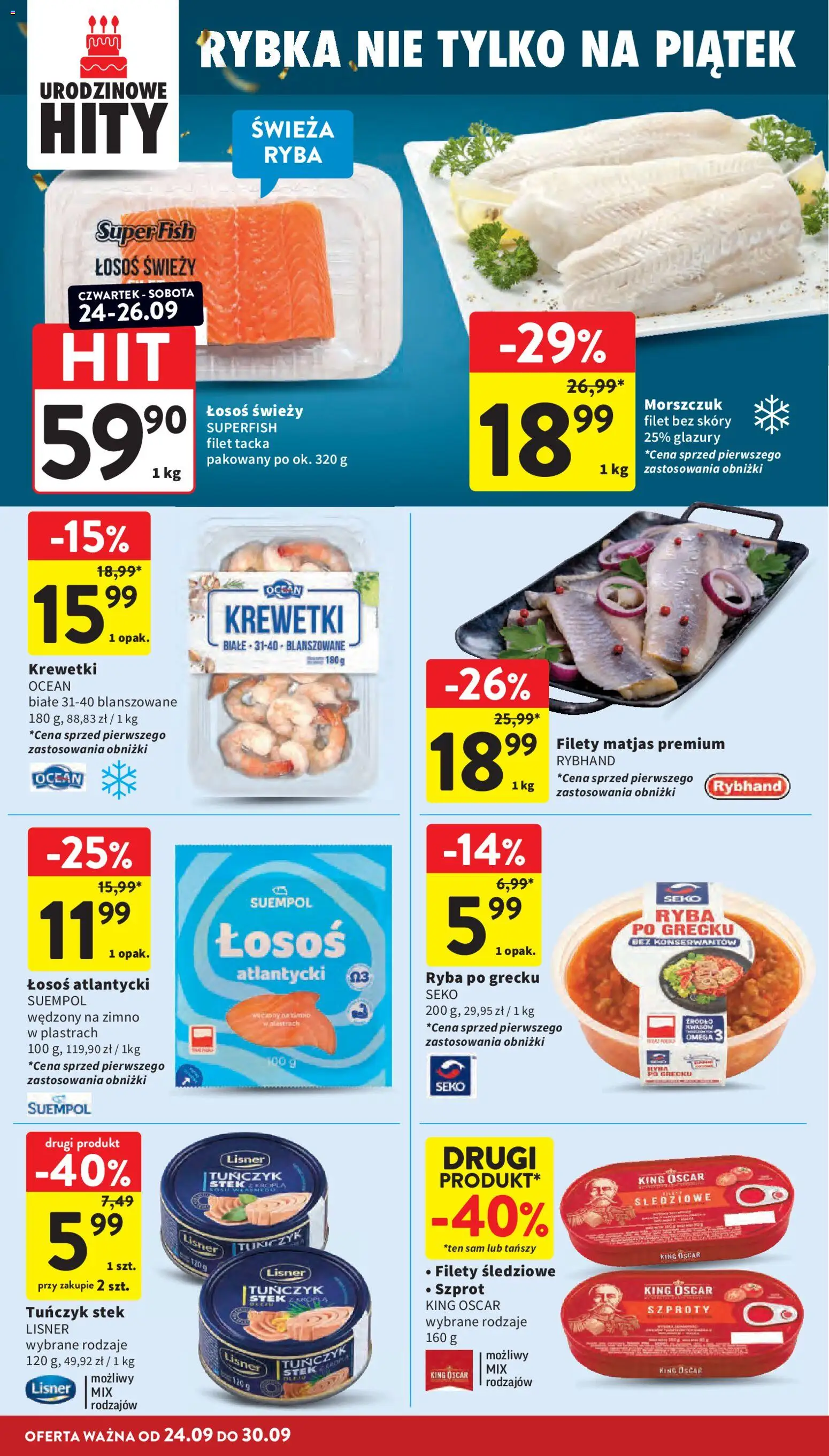Intermarche gazetka od 24.09.2026 | Strona: 20 | Produkty: Stek, Krewetki, Łosoś świeży, Ryba po grecku