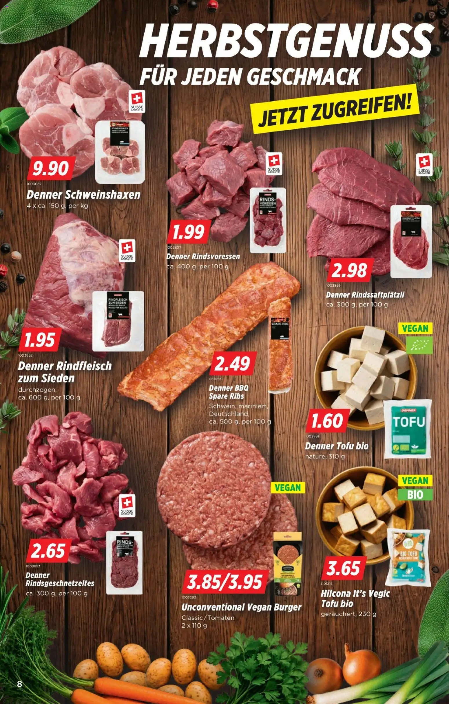 Denner aktionen – gültig ab 01.10.2026 | Seite: 8 | Produkte: Spare Ribs, Burger, Rindfleisch, Tofu