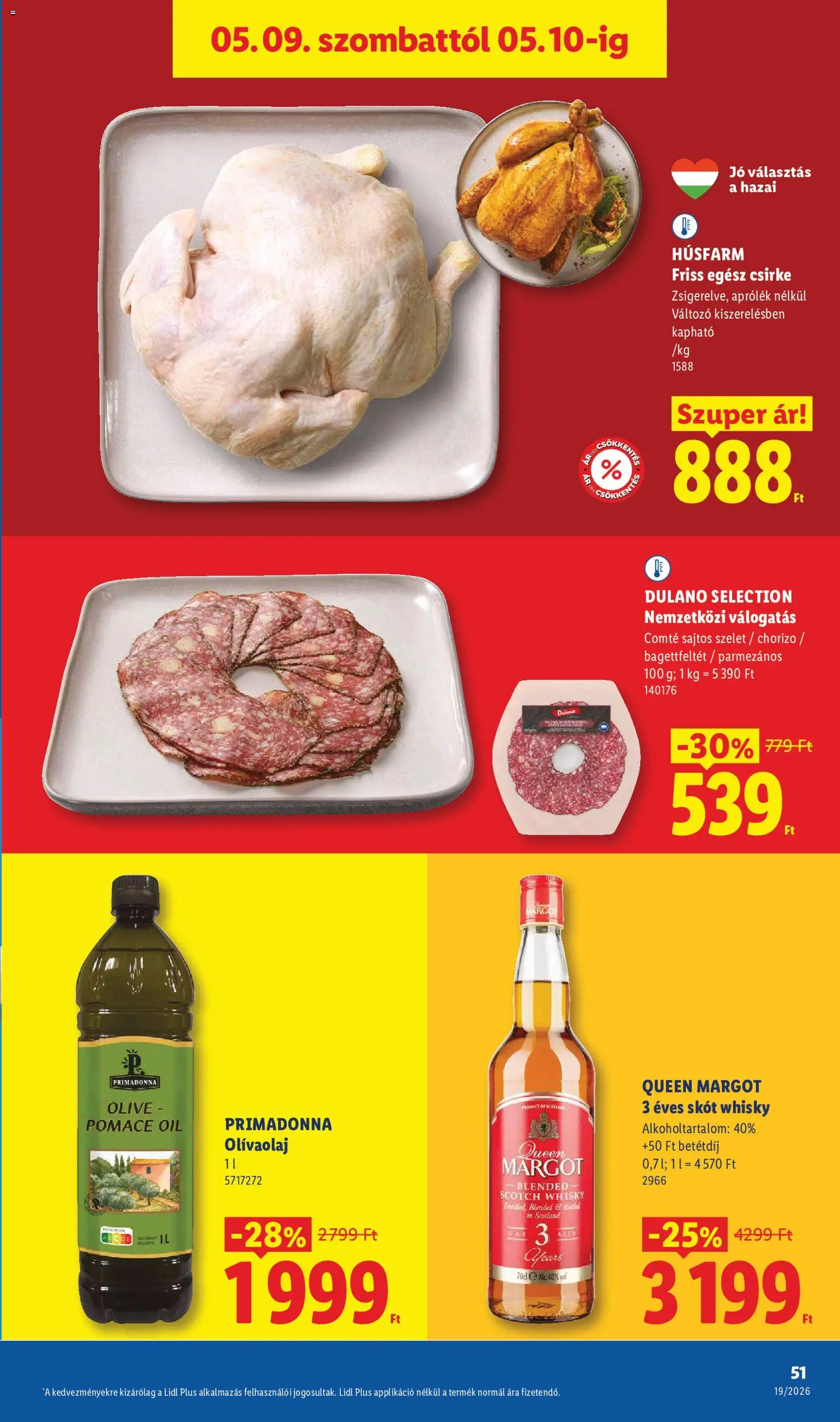 Lidl akciós ujság - amely érvényes a következő dátumtól: 07.05.2026 | Oldal: 51 | Termékek: Egész csirke, Chorizo, Whisky, Olívaolaj