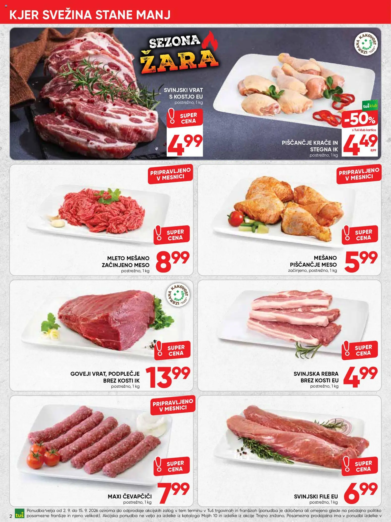 Novi Tuš katalog ponudbe – veljaven od 02.09.2026 | Stran: 2 | Izdelki: Čevapčiči, Piscancje meso