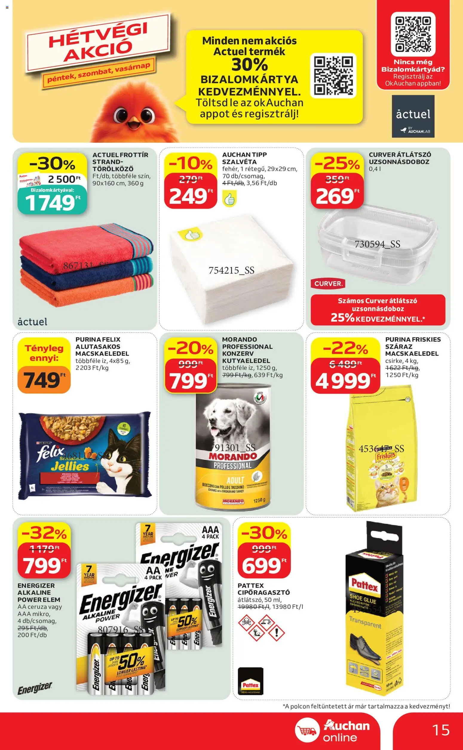 Auchan akciós ujság - amely érvényes a következő dátumtól: 2026.07.30. | Oldal: 15 | Termékek: Törölköző, Macskaeledel, Kutyaeledel, Doboz