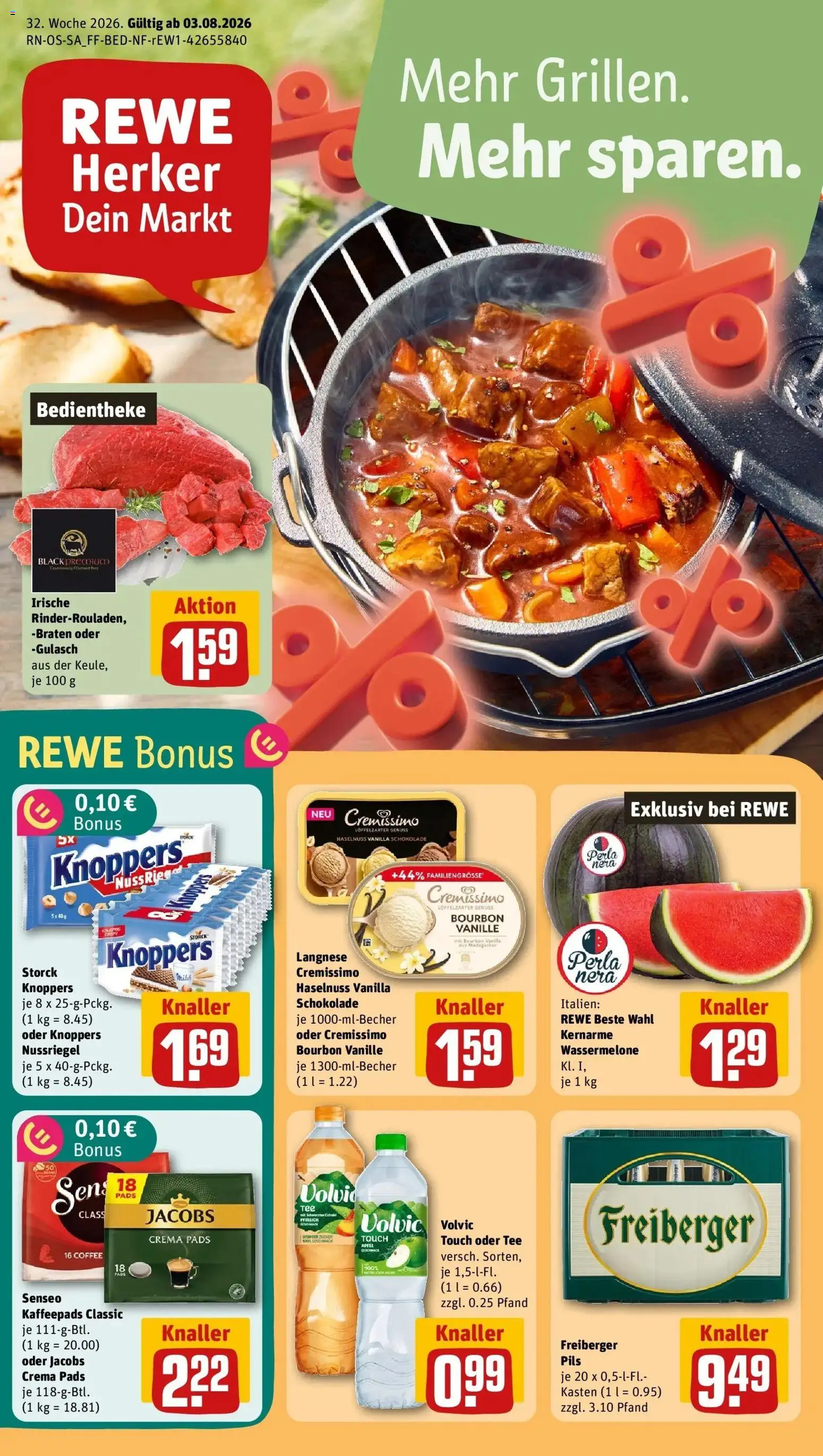 REWE Prospekt ab 03.08.2026 zum Blättern » Angebote | Seite: 1 | Produkte: Pils, Vanille, Wassermelone, Volvic