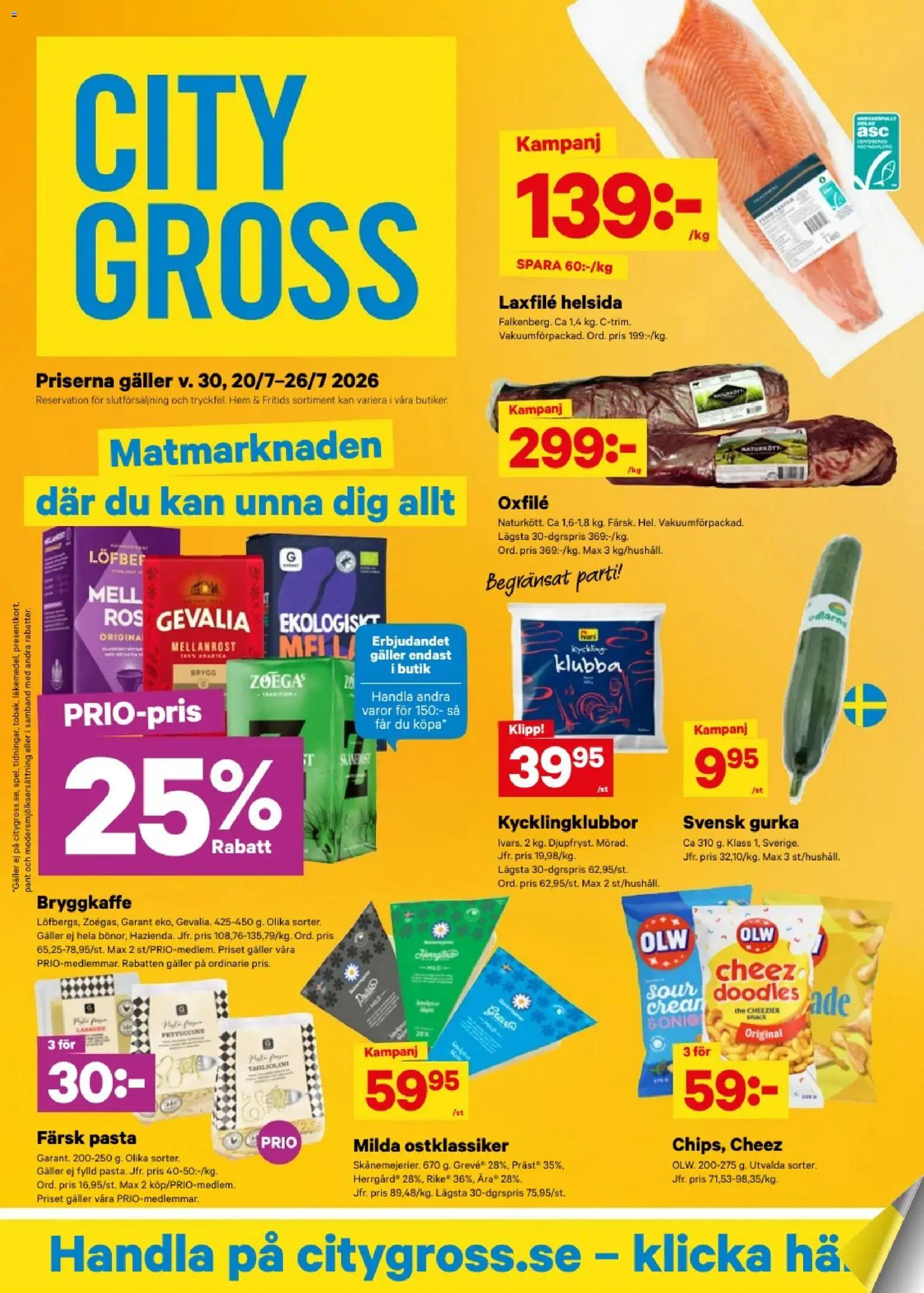 City Gross reklamblad aktuell från 20/07/2026 | Sida: 1 | Produkter: Galler, Oxfilé, Pasta, Gurka