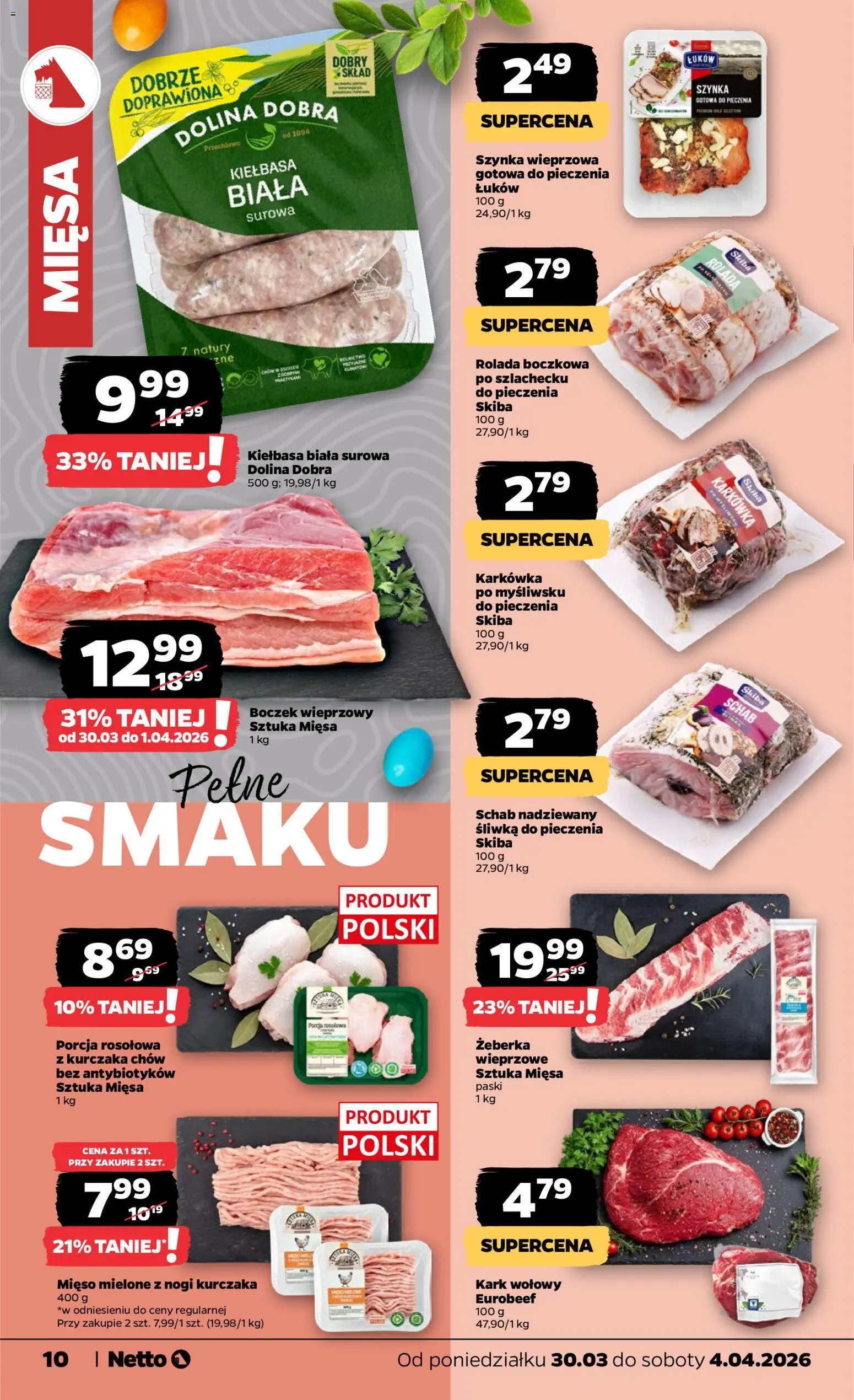 Netto gazetka od poniedziałku spożywcza od 30.03.2026 | Strona: 10 | Produkty: Karkówka, Mięso, Rolada, Boczek wieprzowy