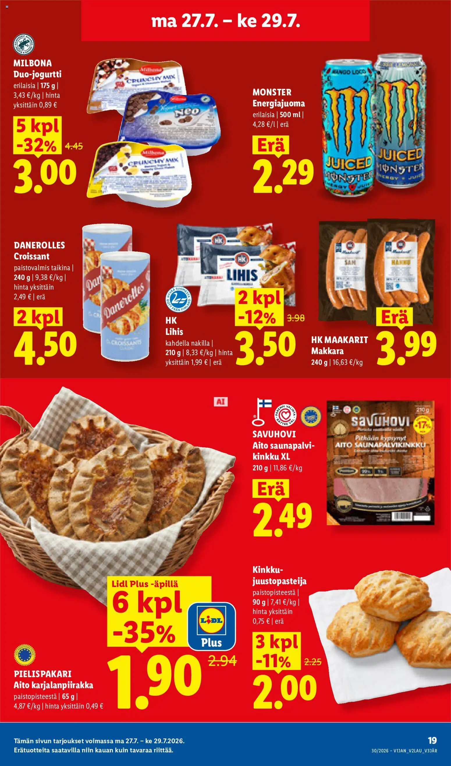 Lidl tarjoukset – voimassa 23/07/2026 alkaen | Sivu: 29 | Tuotteet: Makkara, Energiajuoma, Kinkku, Croissant
