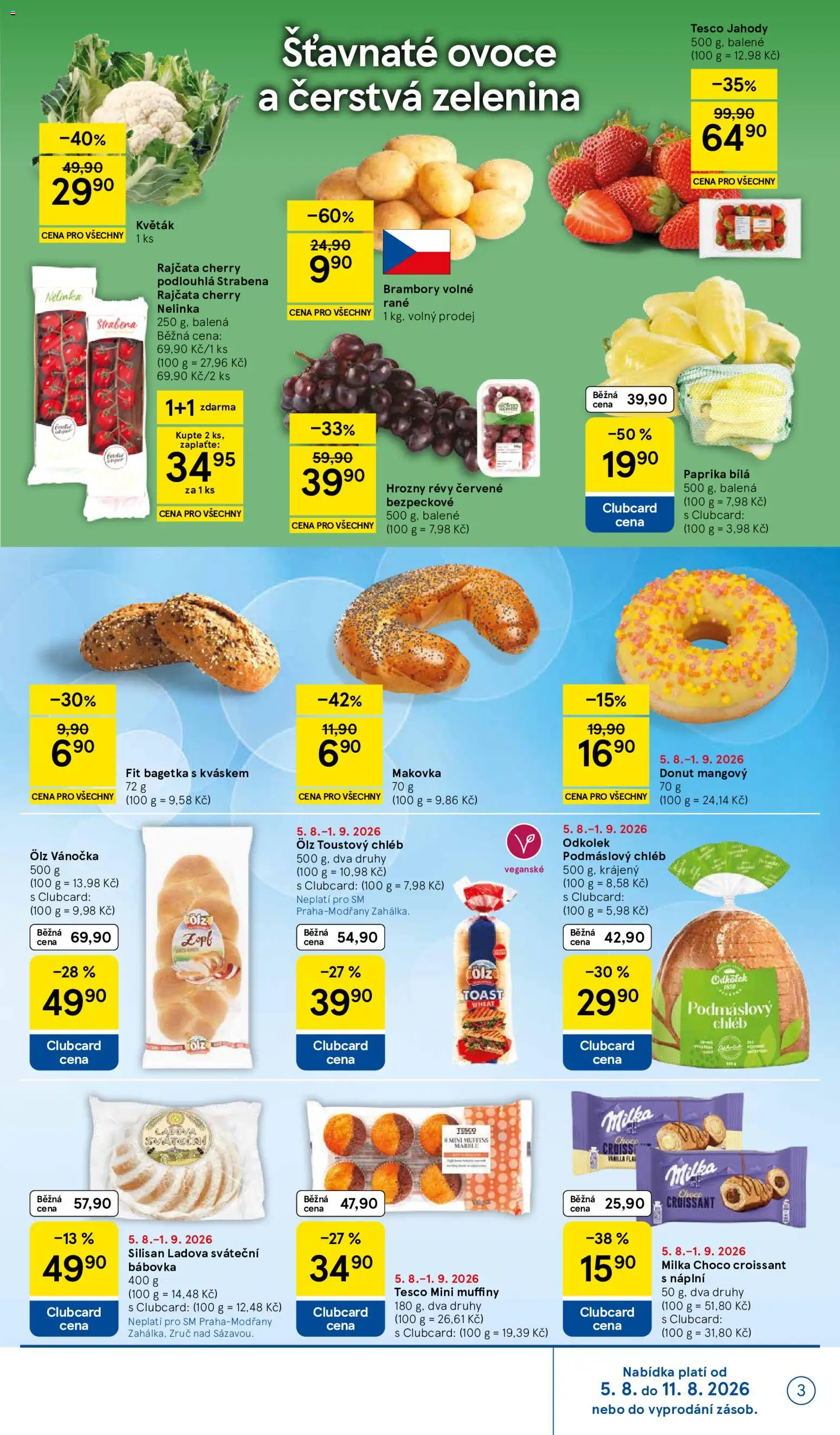Tesco leták - Supermarket od 05.08.2026 | Strana: 3 | Produkty: Donut, Ovoce, Brambory, Croissant