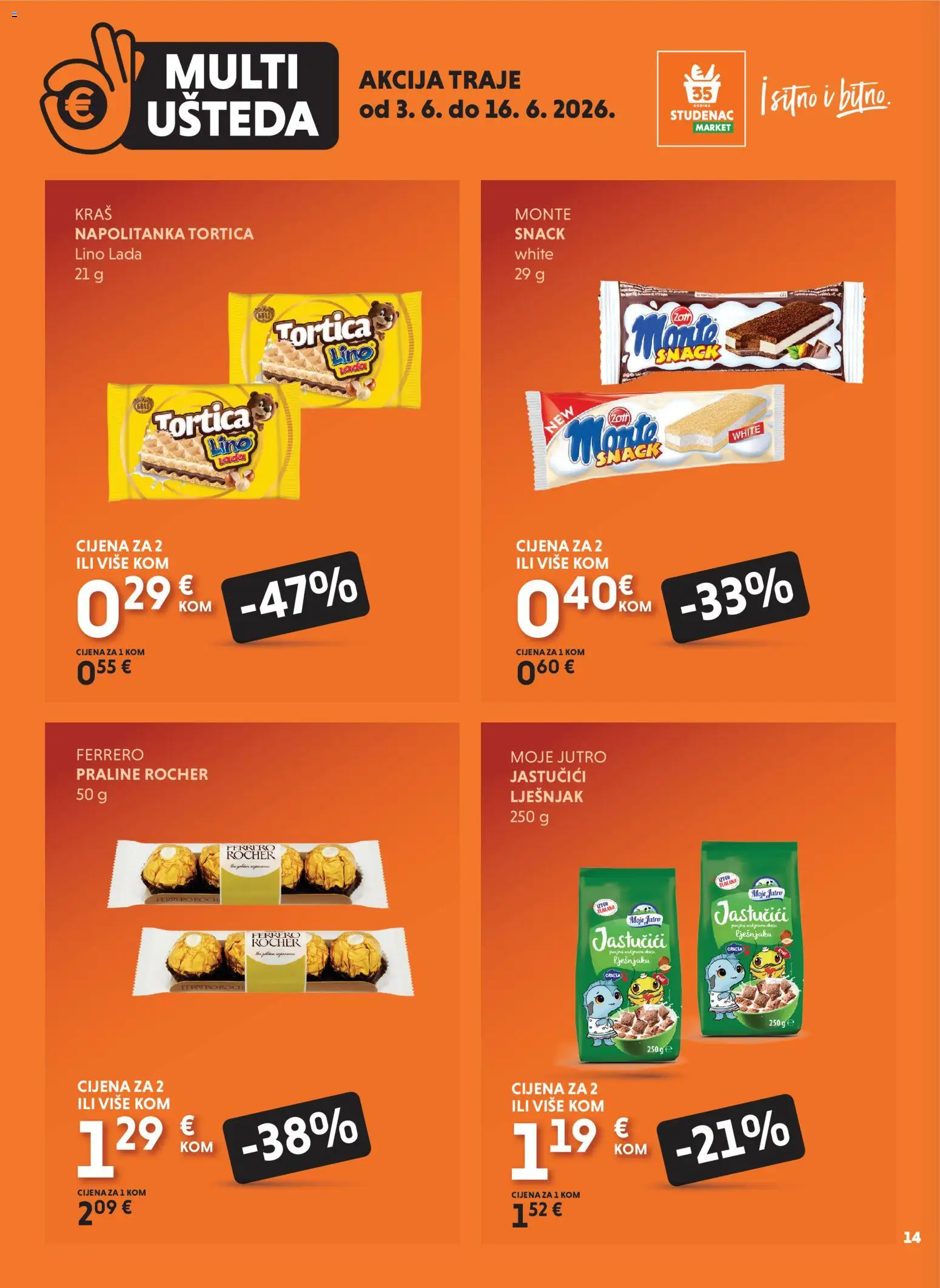 Studenac katalog | vrijedi od 03.06.2026 | Stranica: 14 | Proizvodi: Praline, Lino Lada, Lješnjak, Ferrero Rocher