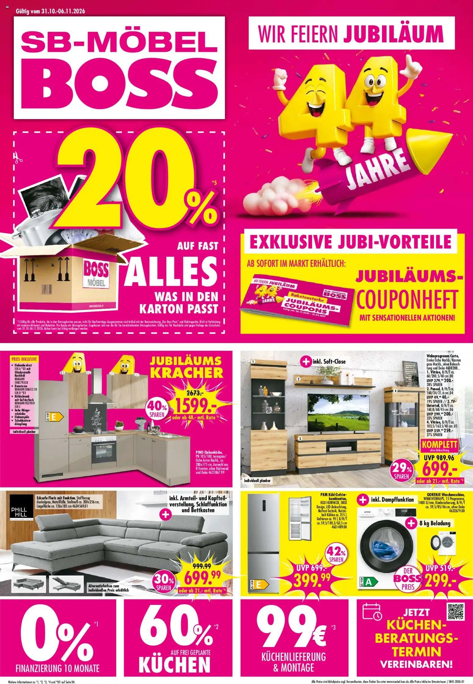 SB Möbel Boss Prospekt – gültig ab 31.10.2026 | Seite: 1 | Produkte: Ecksofa, Kühlschrank, Kochfeld, TV