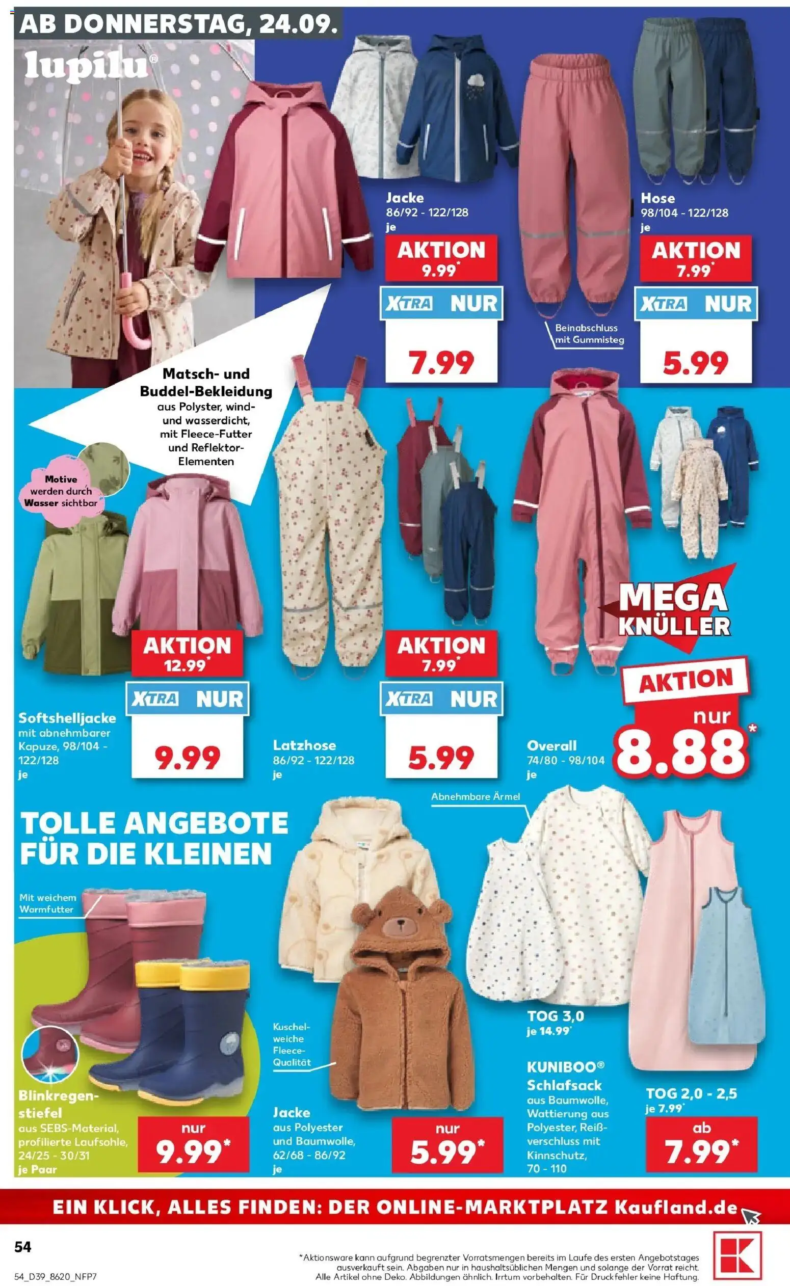 Prospekt Kaufland ab 24.09.2026 » Angebote Online zum Blättern | Seite: 54 | Produkte: Schlafsack, Wasser, Jacke, Overall
