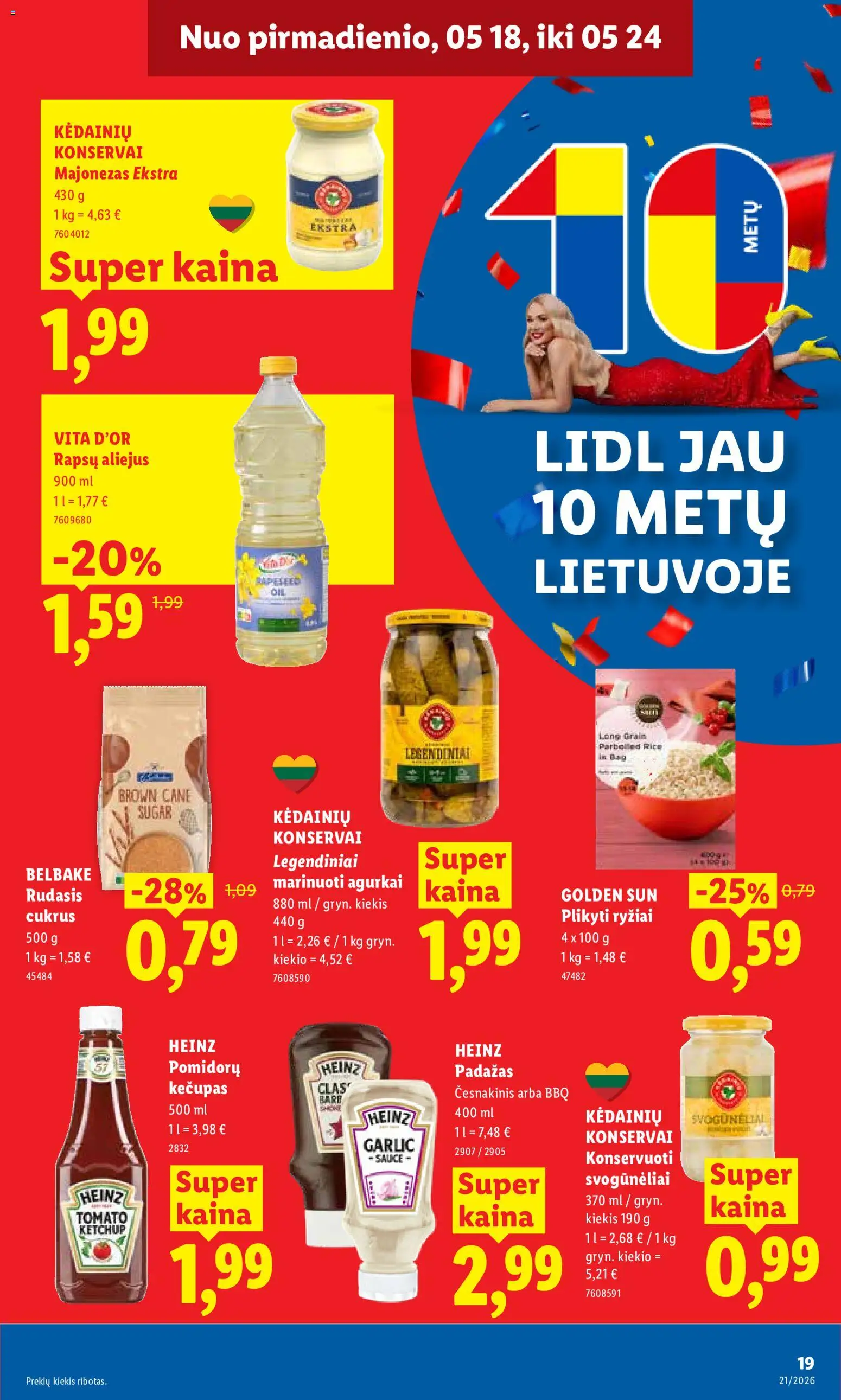 LIDL akcijos nuo 18.05.2026 | Puslapis: 19 | Prekių: Agurkai, Konservai, Majonezas, Cukrus