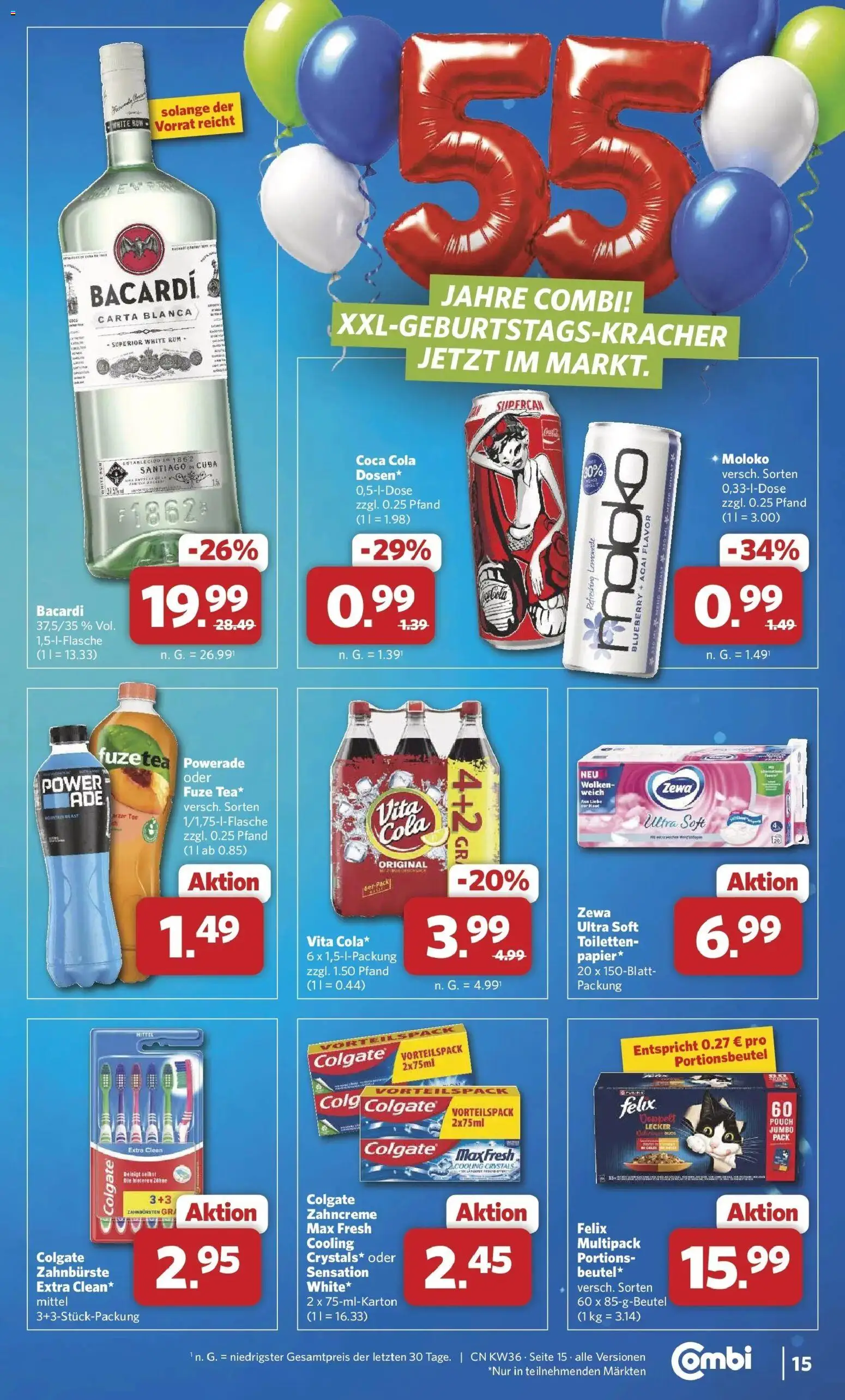 Combi Prospekt Weener (ab 31.08.2026) zum Blättern | Seite: 15 | Produkte: Cola, Rum, Zewa, Powerade