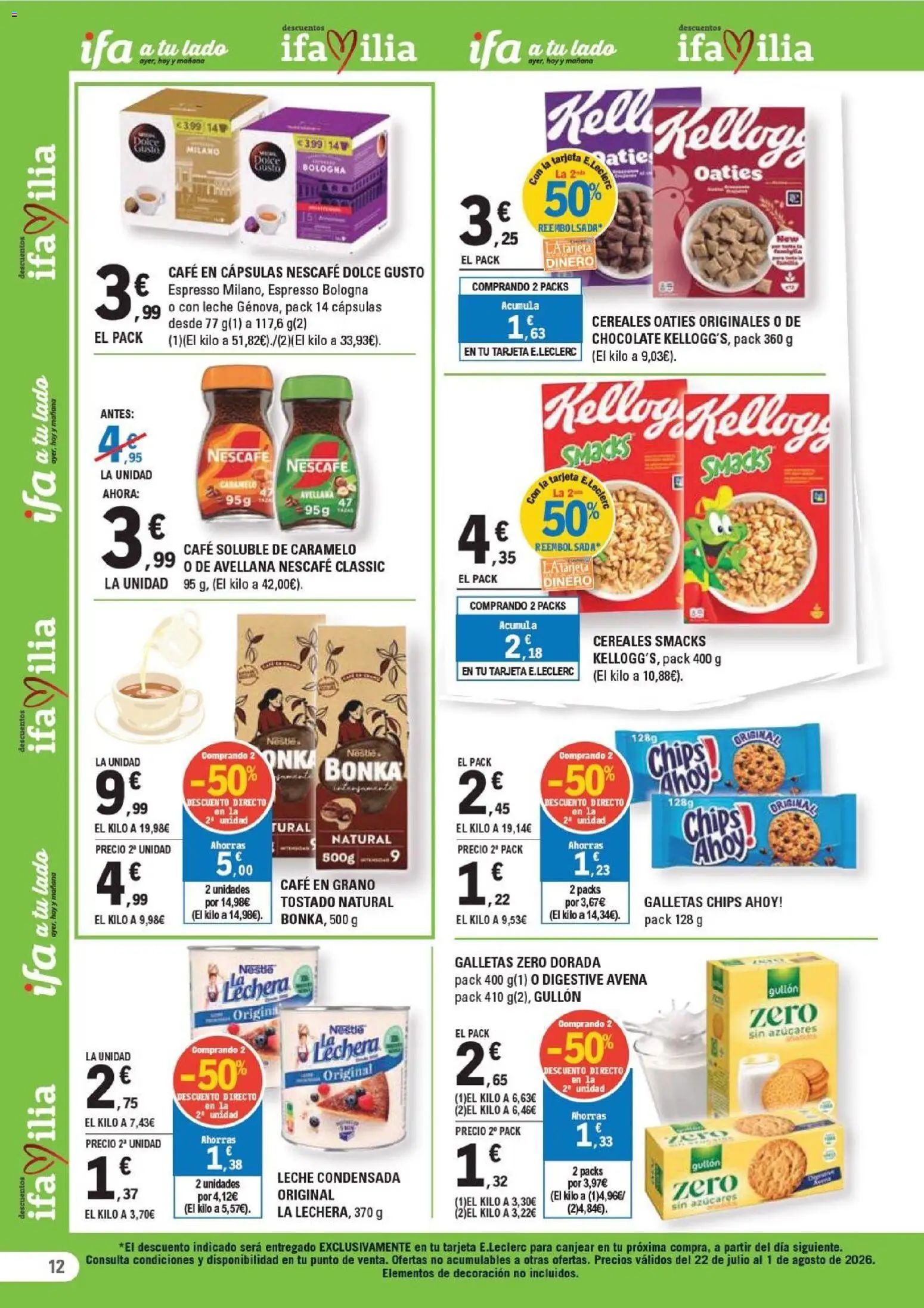E.Leclerc folleto León │ válido desde el 22/07/2026 | Página: 12 | Productos: Leche, Chocolate, Galletas, Café en cápsulas