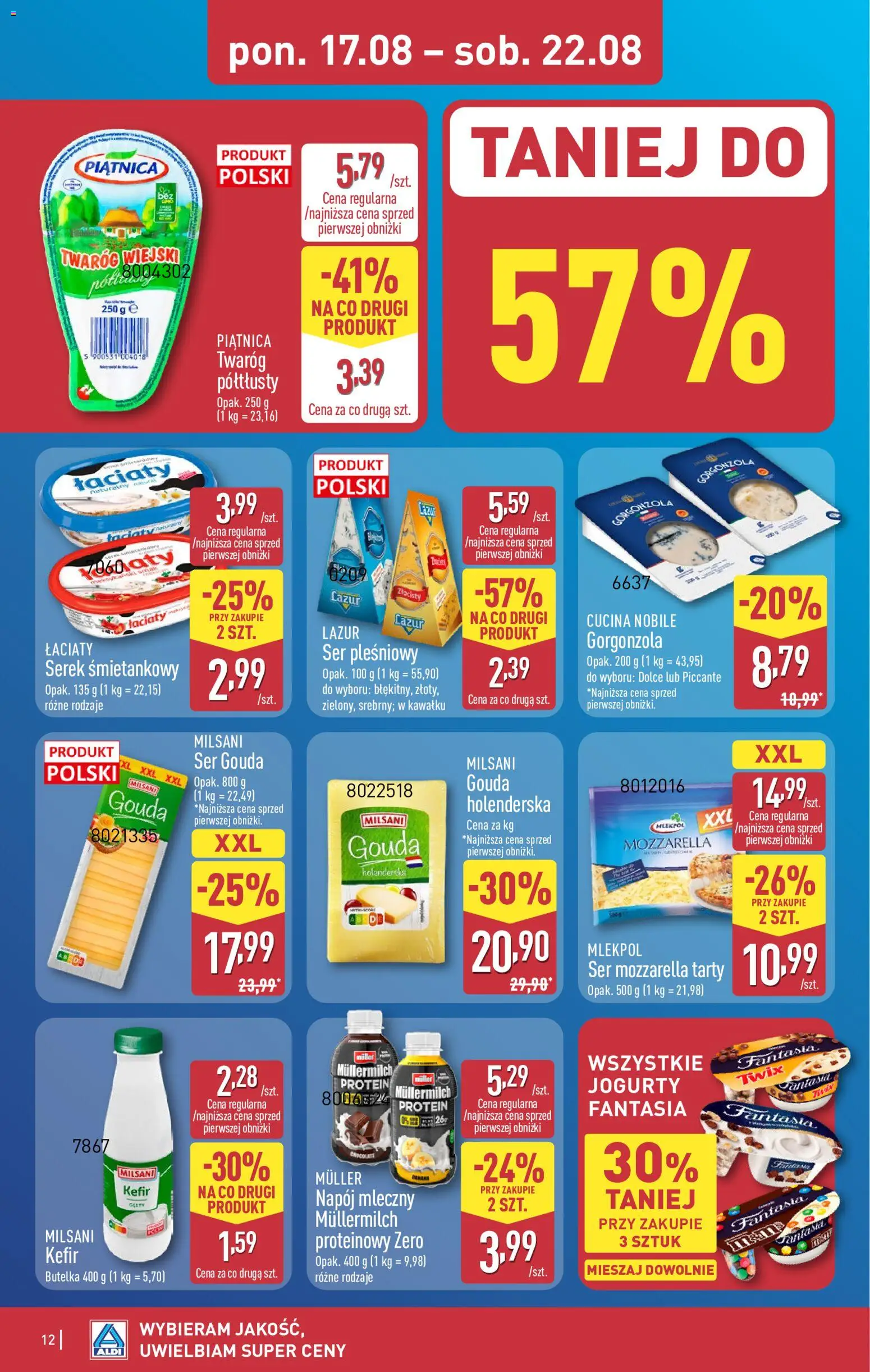 Aldi Polsko leták od 17.08.2026 | Strana: 12 | Produkty: Gouda, Twix, Gorgonzola, Protein