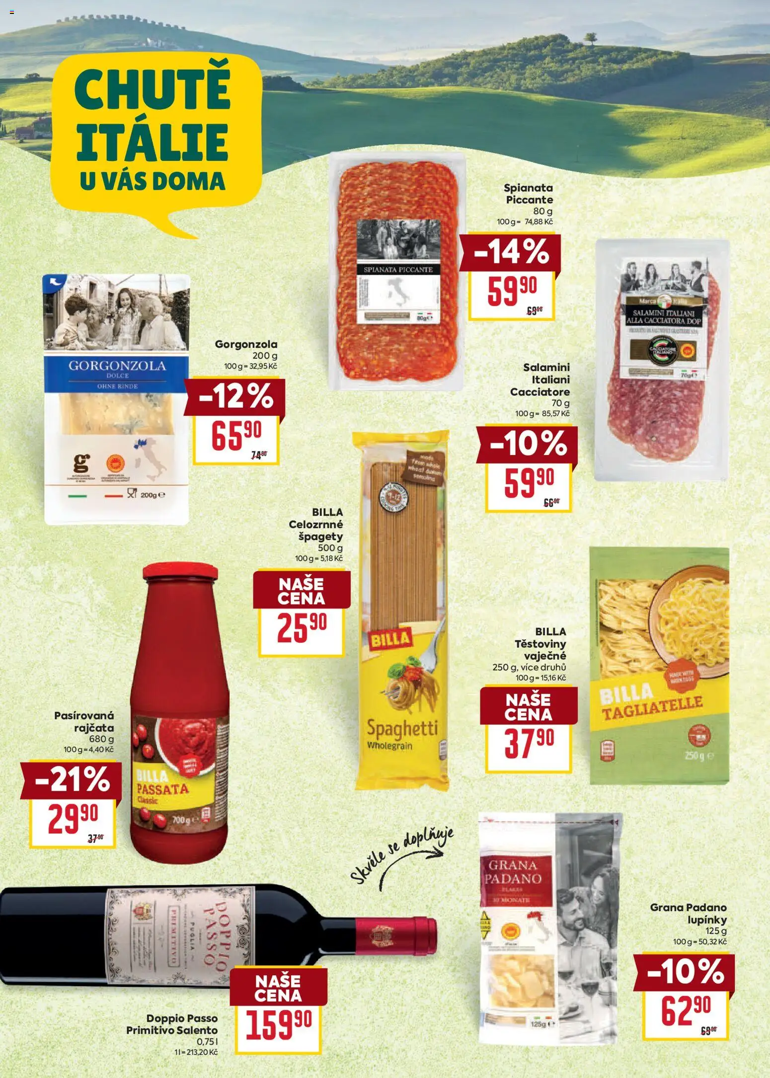 Billa leták - Bohatá chuť středomoří od 20.05.2026 | Strana: 12 | Produkty: Rajčata, Gorgonzola, Grana Padano, Semolina