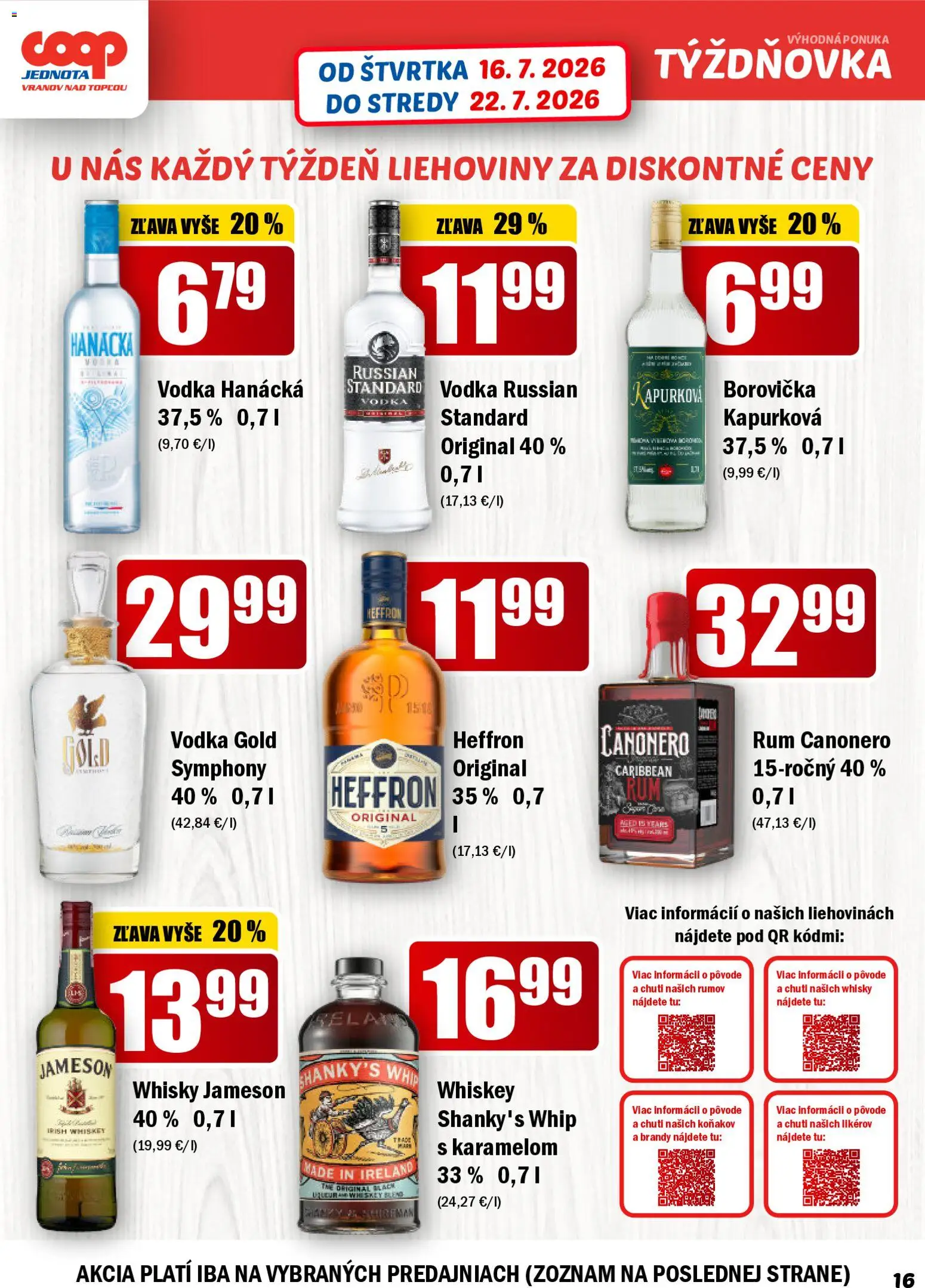 Nové COOP Jednota akcie – leták je platný od 16.07.2026 | Strana: 16 | Produkty: Jameson, Vodka, Med, Rum