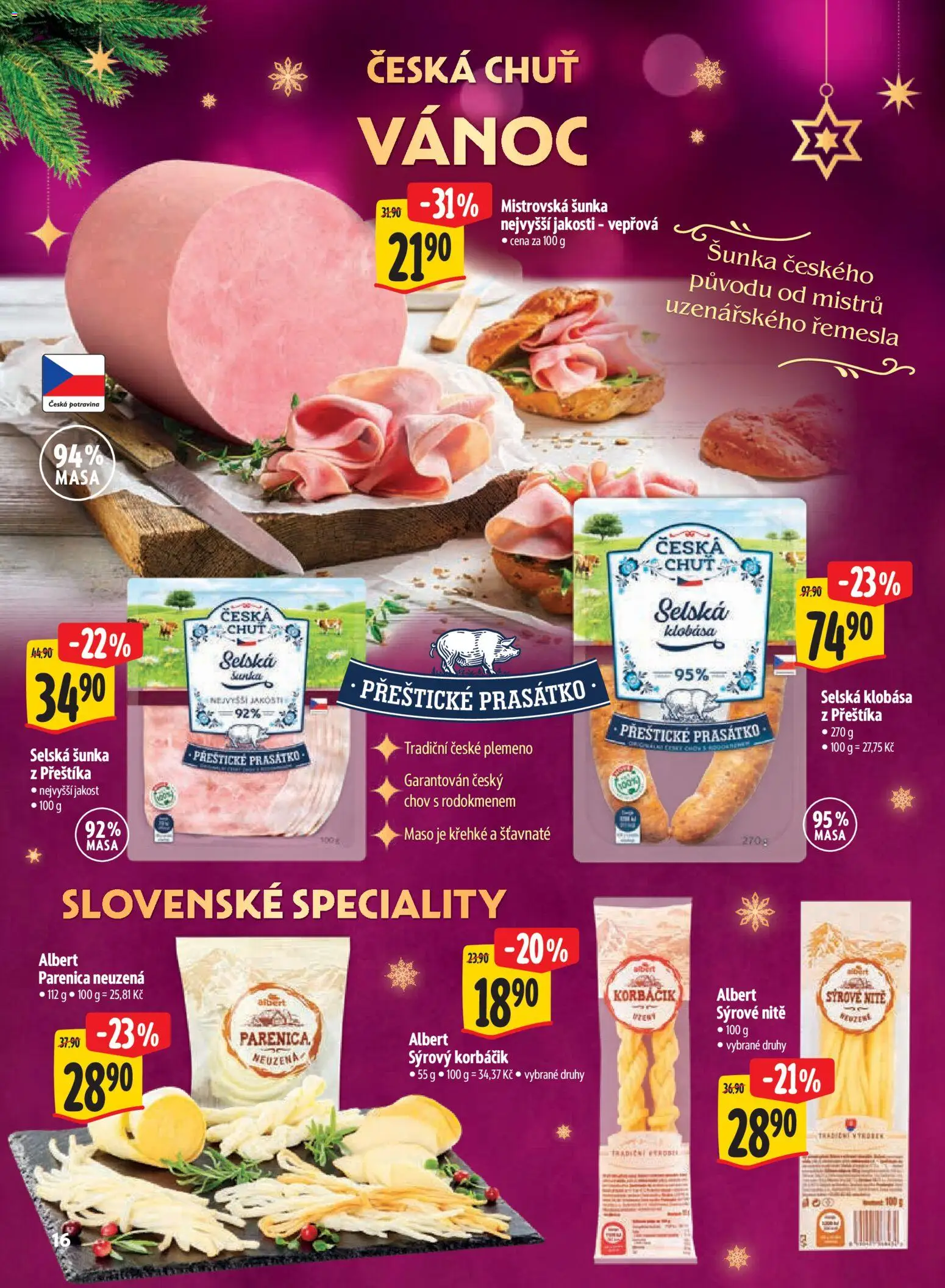Albert leták - Hypermarket Kouzlo Vánoc od 29.10.2026 | Strana: 16 | Produkty: Parenica, Klobása, Maso, Speciality