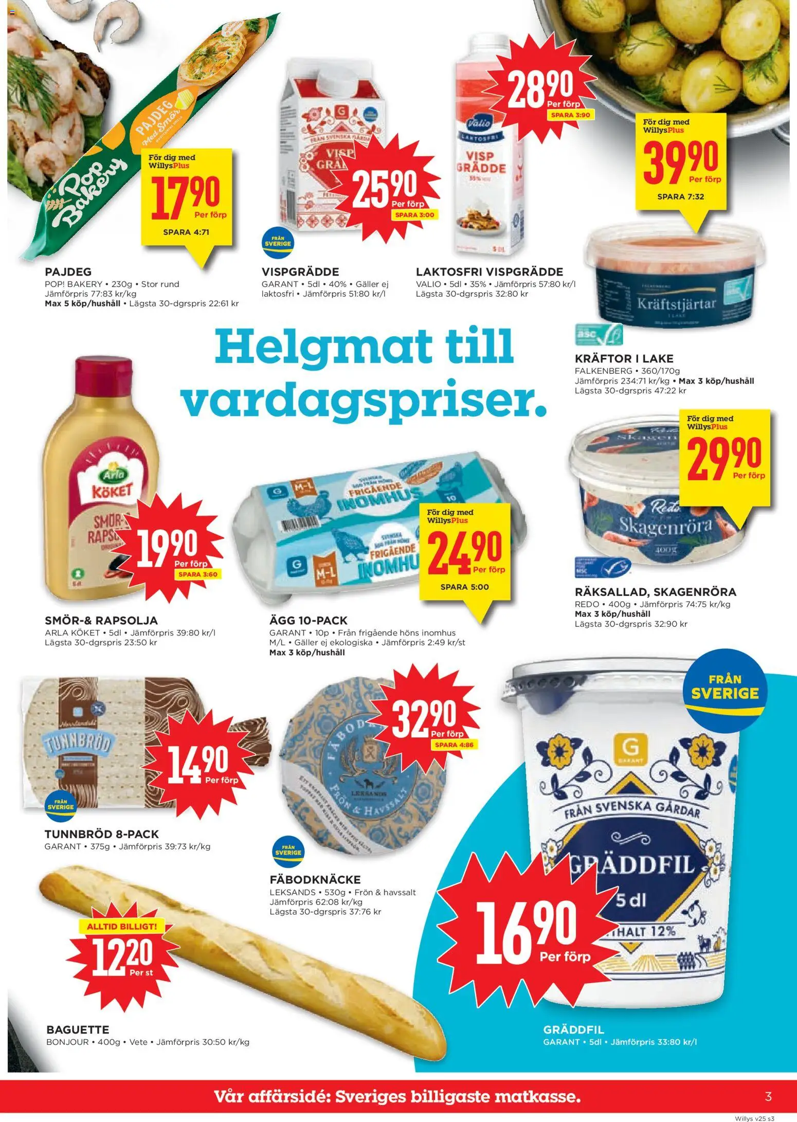 Willys reklamblad aktuell från 15.06.2026 | Sida: 3 | Produkter: Baguette, Tunnbröd, Kräftor, Vispgrädde