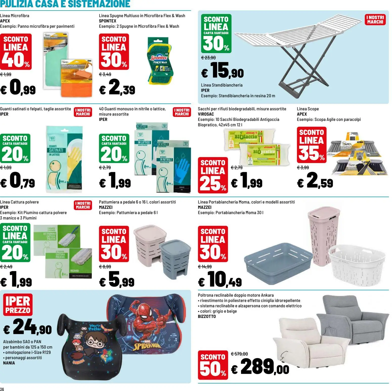 Volantino Iper del 19/08/2026 | Pagina: 36 | Prodotti: Scopa, Pattumiera, Guanti monouso, Portabiancheria
