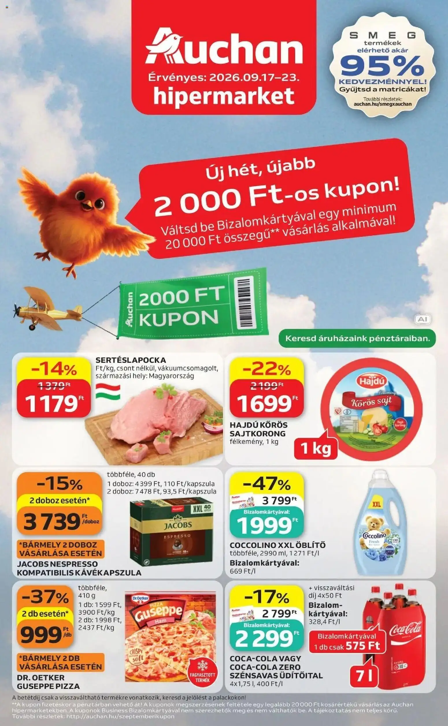 Auchan akciós újság Szolnok - 2026.09.17. -tól/töl > akció, lapozható szórólap 🛍️ | Oldal: 1 | Termékek: Coccolino, Nespresso, Doboz, Pizza