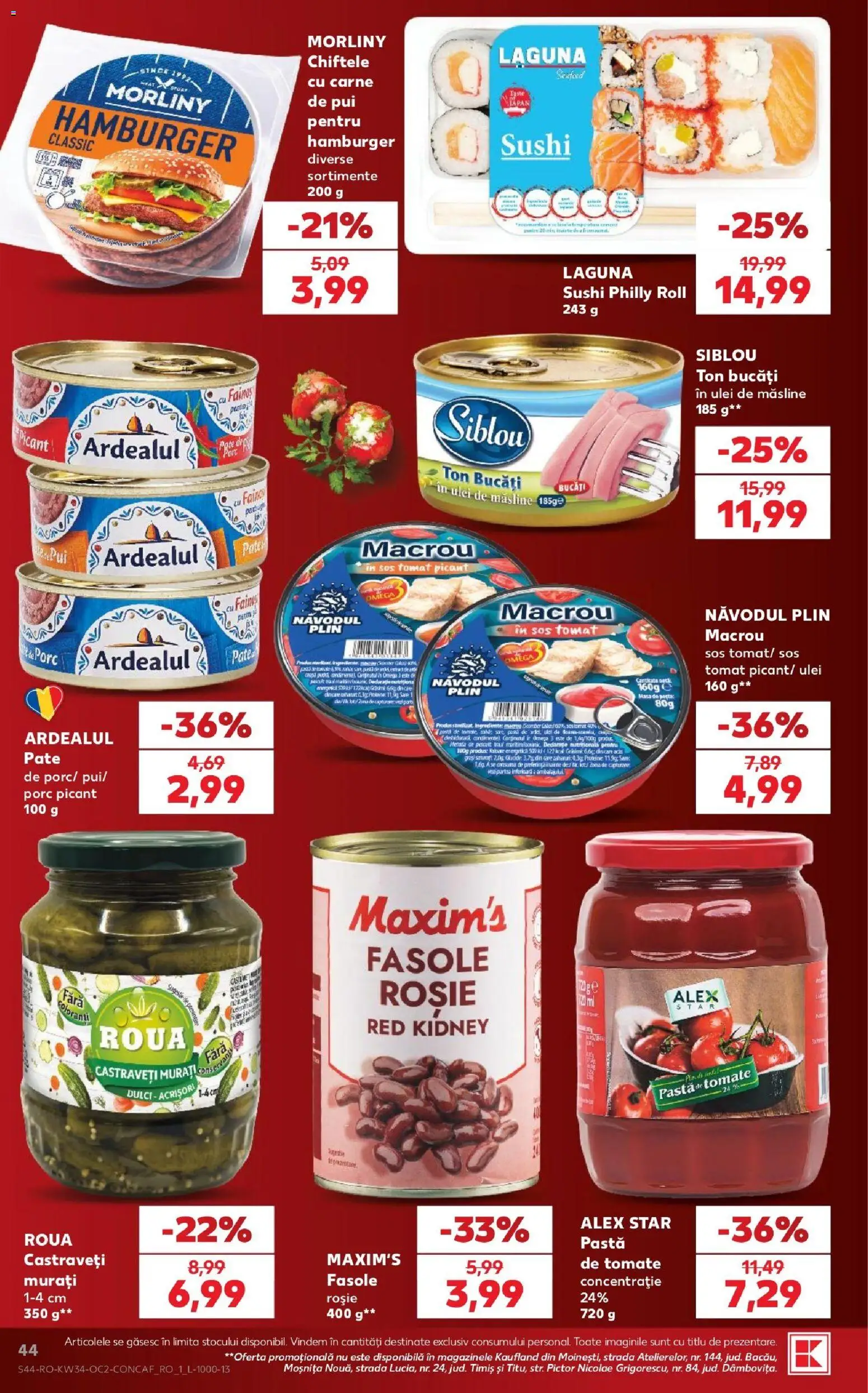 Kaufland RO akciós ujság - amely érvényes a következő dátumtól: 2026.08.19. | Oldal: 44 | Termékek: Omega 3, Hamburger, Mars, Sushi