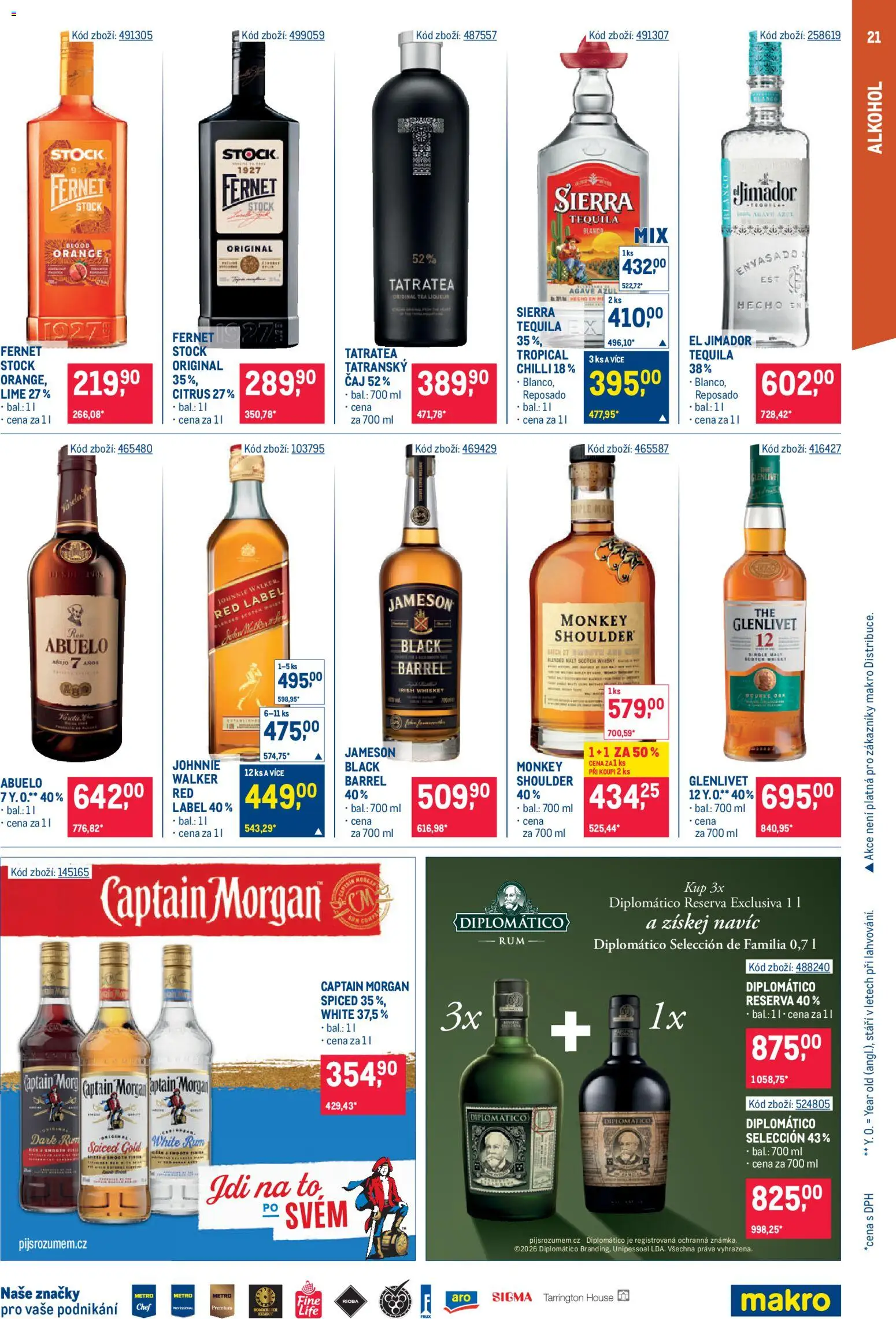 Makro leták - Gastronomie od 29.07.2026 | Strana: 21 | Produkty: Whiskey, Diplomatico Reserva Exclusiva, Captain Morgan, Tatratea
