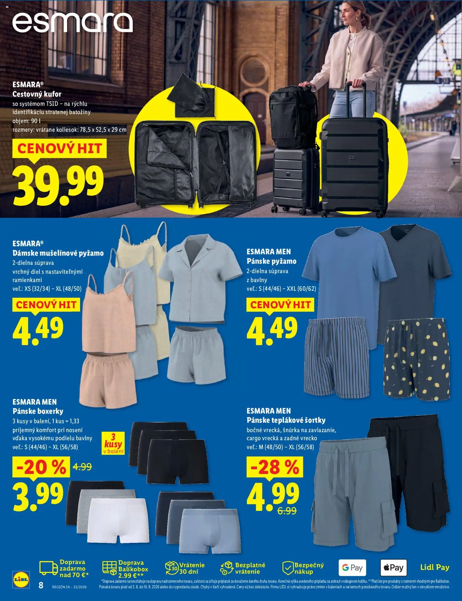 Nové Lidl akcie – leták je platný od 03.08.2026 | Strana: 8 | Produkty: Pyžamo, Boxerky, Kufor