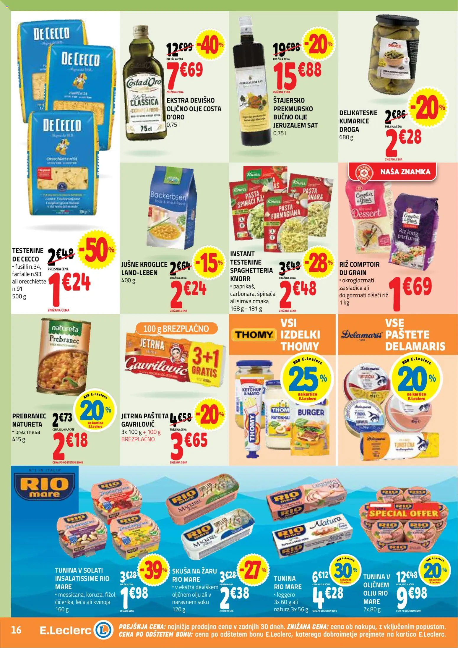 Novi E.leclerc katalog ponudbe – veljaven od 01.07.2026 | Stran: 16 | Izdelki: Bučno olje, Pašteta, Leča, Omaka