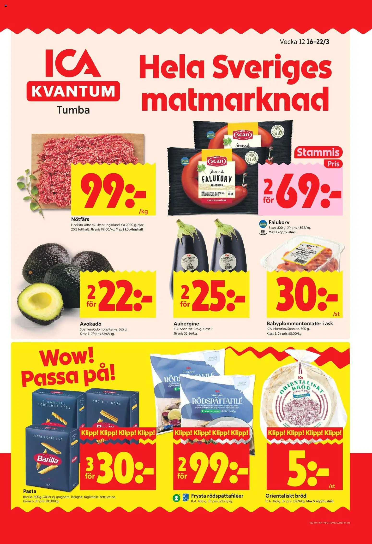 ICA Kvantum reklamblad aktuell från 16.03.2026 | Sida: 1 | Produkter: Falukorv, Bröd, Pasta, Aubergine